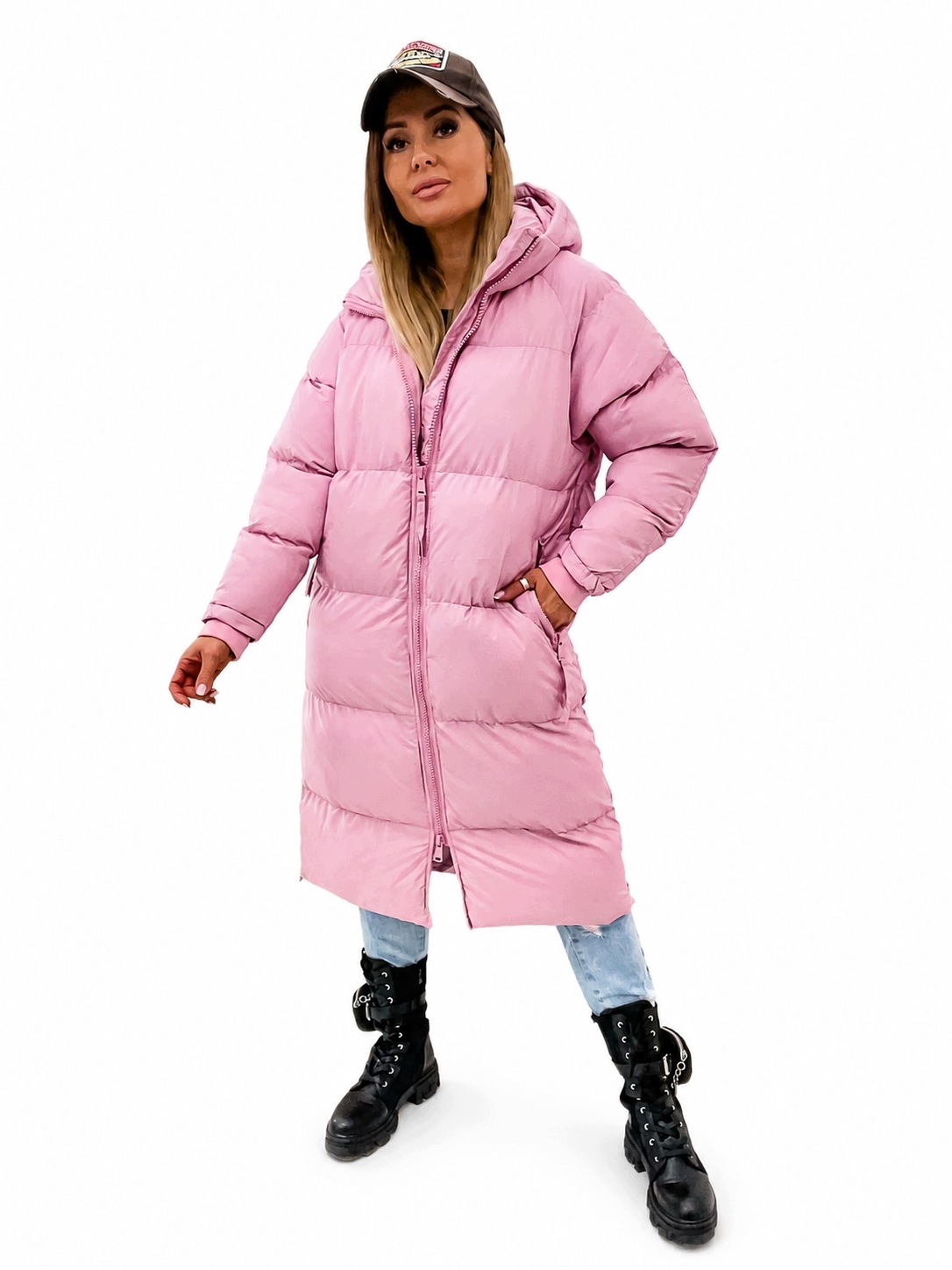 0026 Zimní bunda oversize, silná, s bočními zipy Růžová M