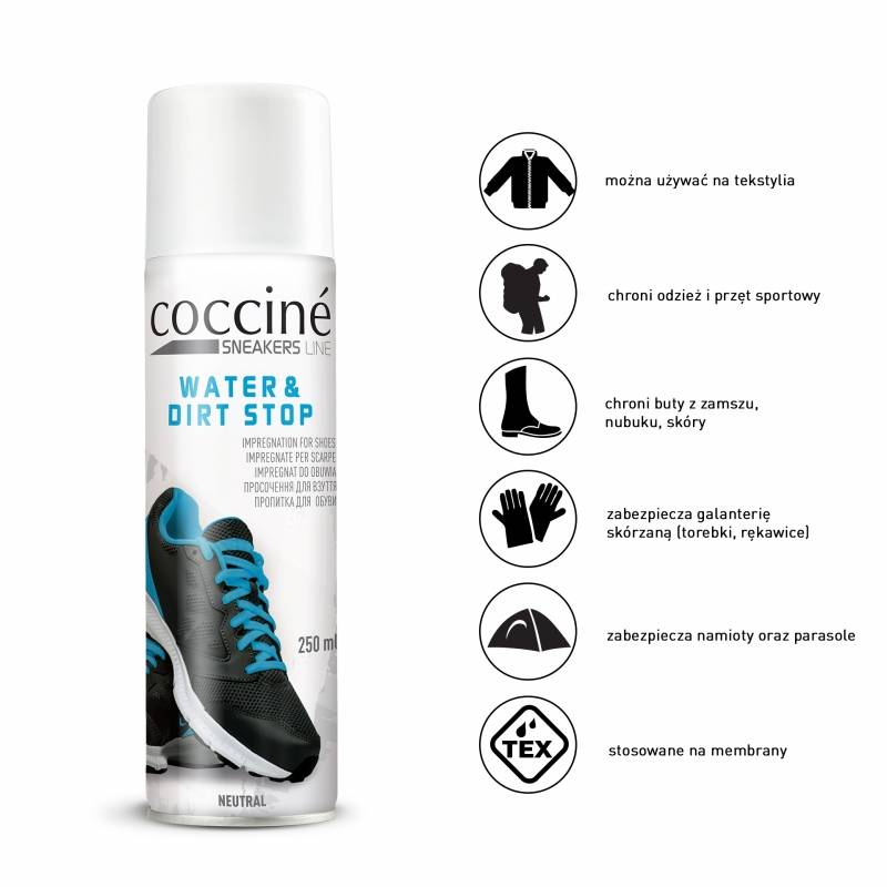 COCCINE WATER DIRT STOP IMPREGNAT DO BUTÓW 250ml Dedykowany materiał do wszystkich materiałów