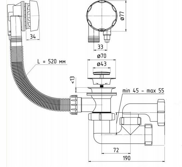 SYFON WANNOWY WANNY AUTOMATYCZNY CZARNY MAT MATOWY Z AUTOMATEM fi 50 mm Materiał tworzywo sztuczne