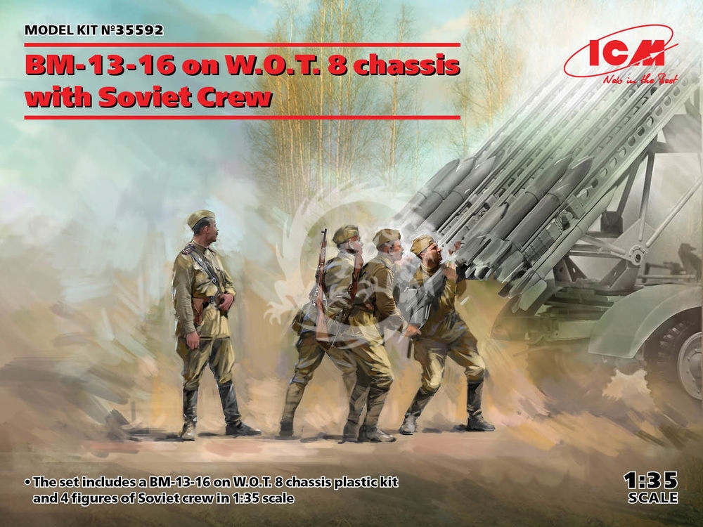 BM-13-16 na podvozku Wot 8 se Sovětskou posádkou ICM 35592 v měřítku 1/35