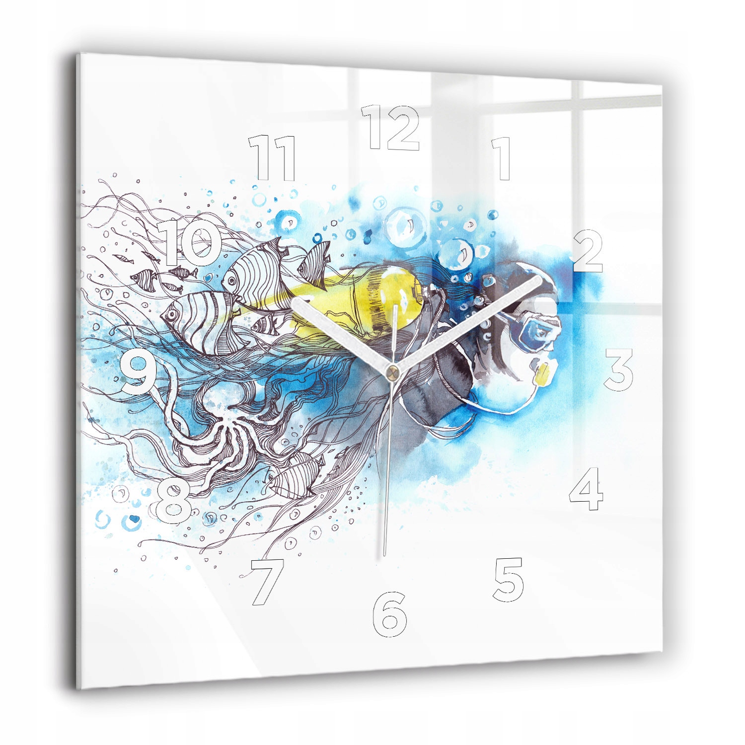 Designové čtvercové skleněné hodiny do interiéru Podmořský život ryb 60x60 cm