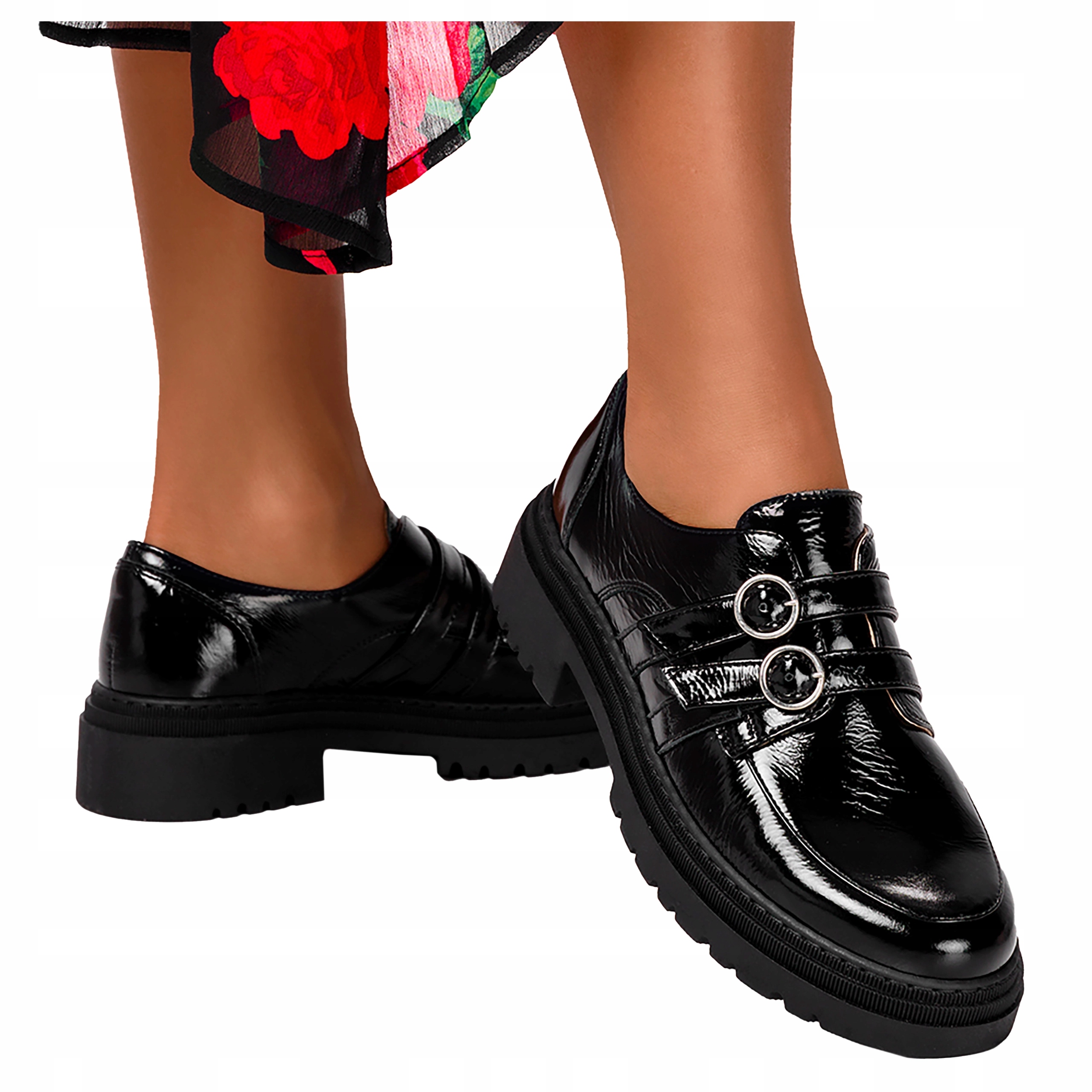 Polobotky Mokasíny Kožené černé s přezkami Platforma Produkt Polský vel. 38