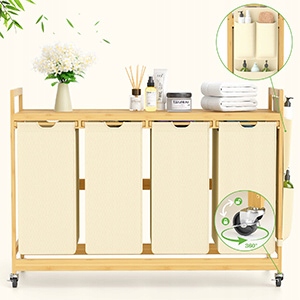 KOSZ NA PRANIE 4 KOMORY BAMBUSOWY Z PÓŁKĄ SEGREGATOR PRANIA