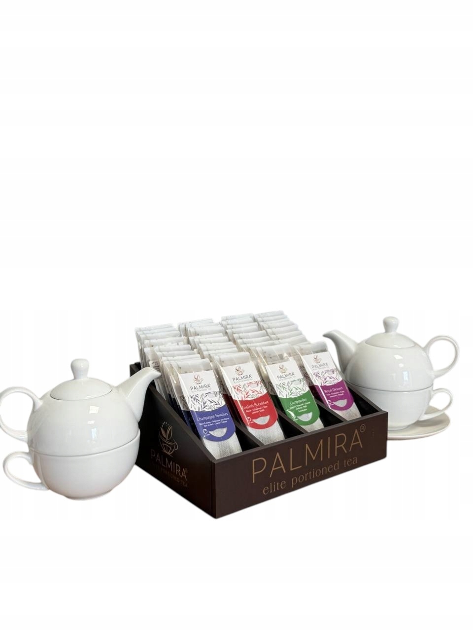 Zestaw herbata Palmira 4 smaki, filiżanka, dzbanek, ekspozytor