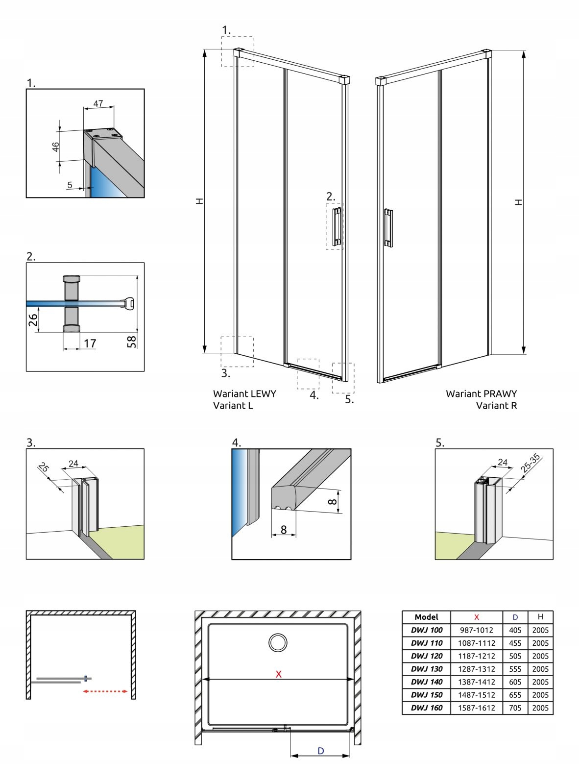 Drzwi prysznicowe szklane złote 160 L UltraClear Szerokość produktu 160 cm