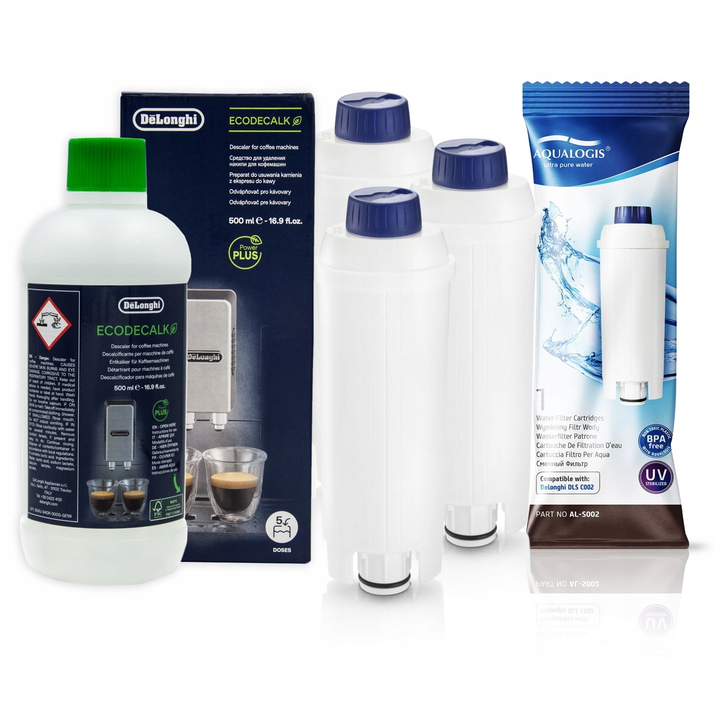 3x FILTR WODY + DeLonghi ODKAMIENIACZ 500ml ZESTAW