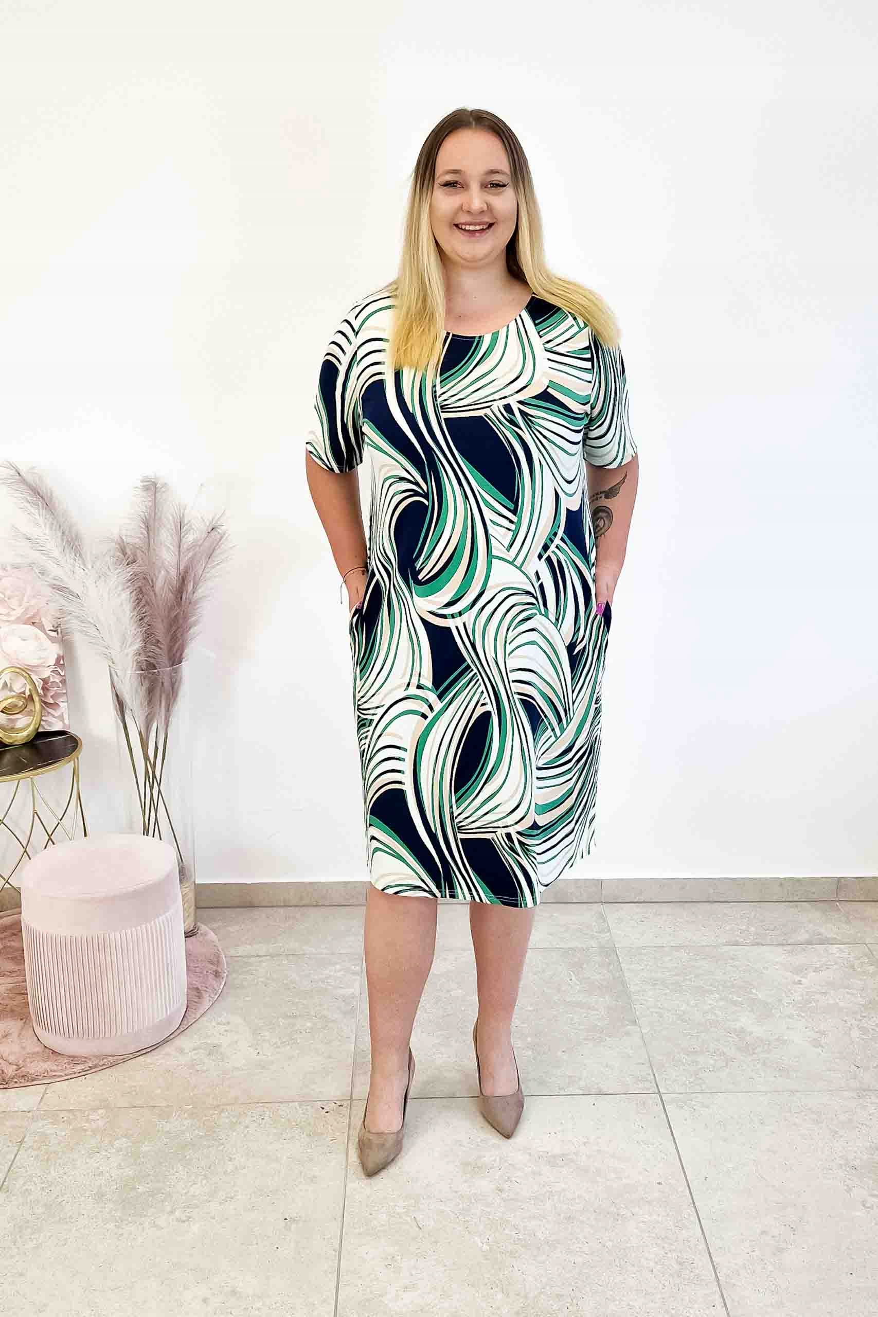 Jednoduchá Šaty s kapsami ve vzoru modro-zeleno-béžová 2XL