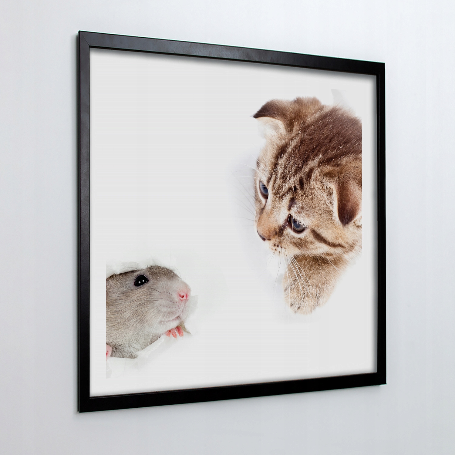 Fotoobraz do obývacího pokoje s mdf rámečkem Kočka a myš 50x50