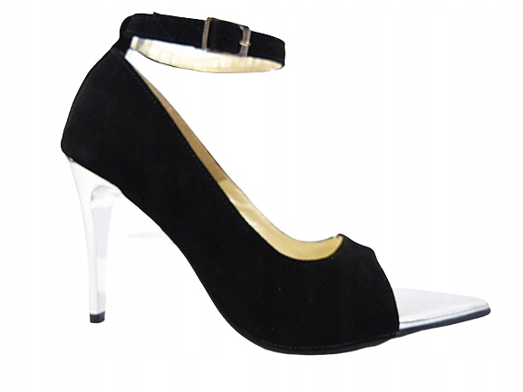 černo-stříbrné dámské kožené lodičky se zapínáním na špici Gopol 38