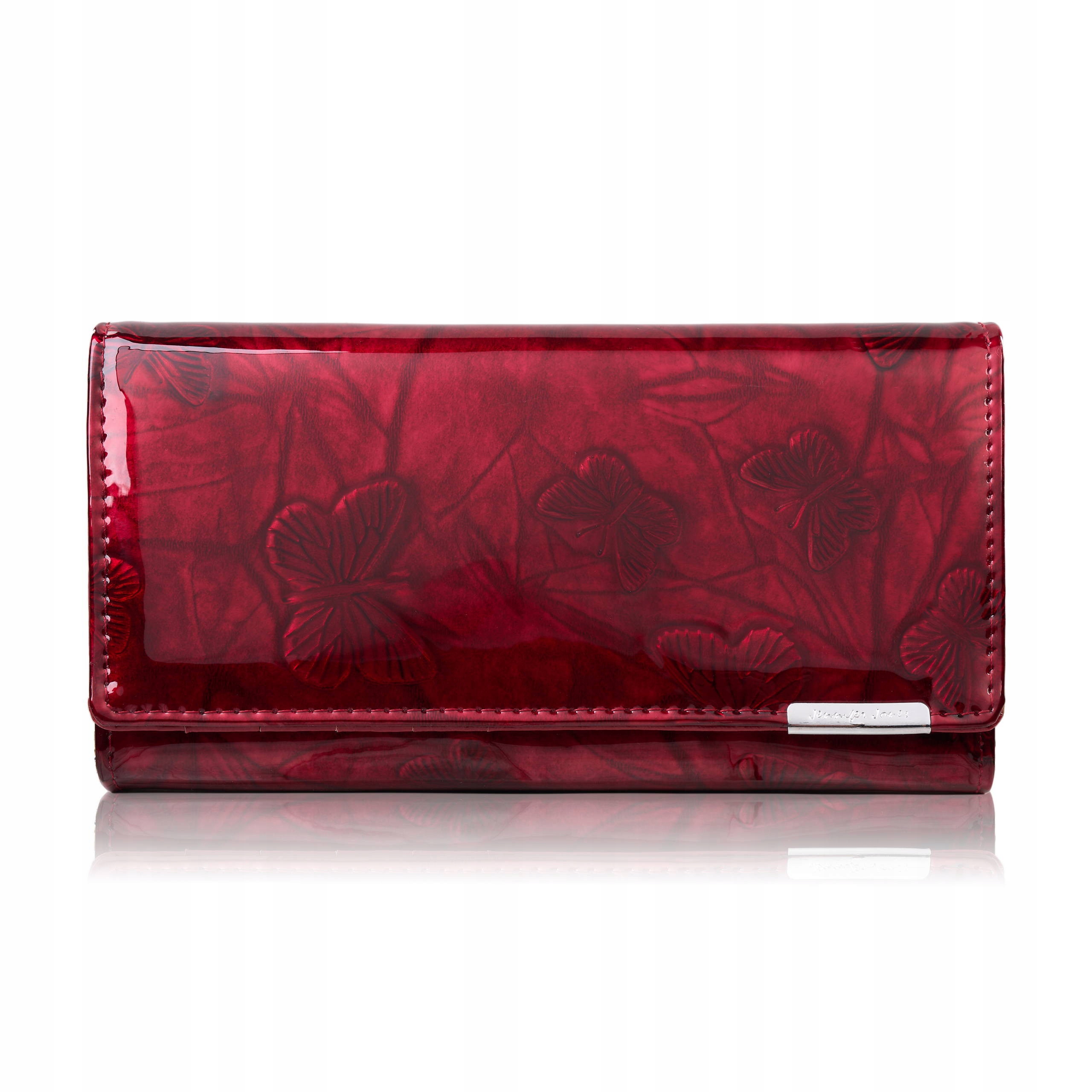 Portfel damski skórzany duży lakierowany czerwony ze wzorem w motyle