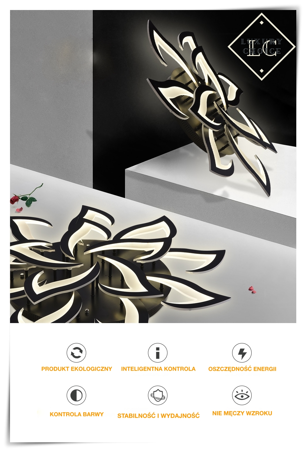 NOWOCZESNA LAMPA 18 LED żyrandol KWIAT LOTOSU 170W Kolor czarny