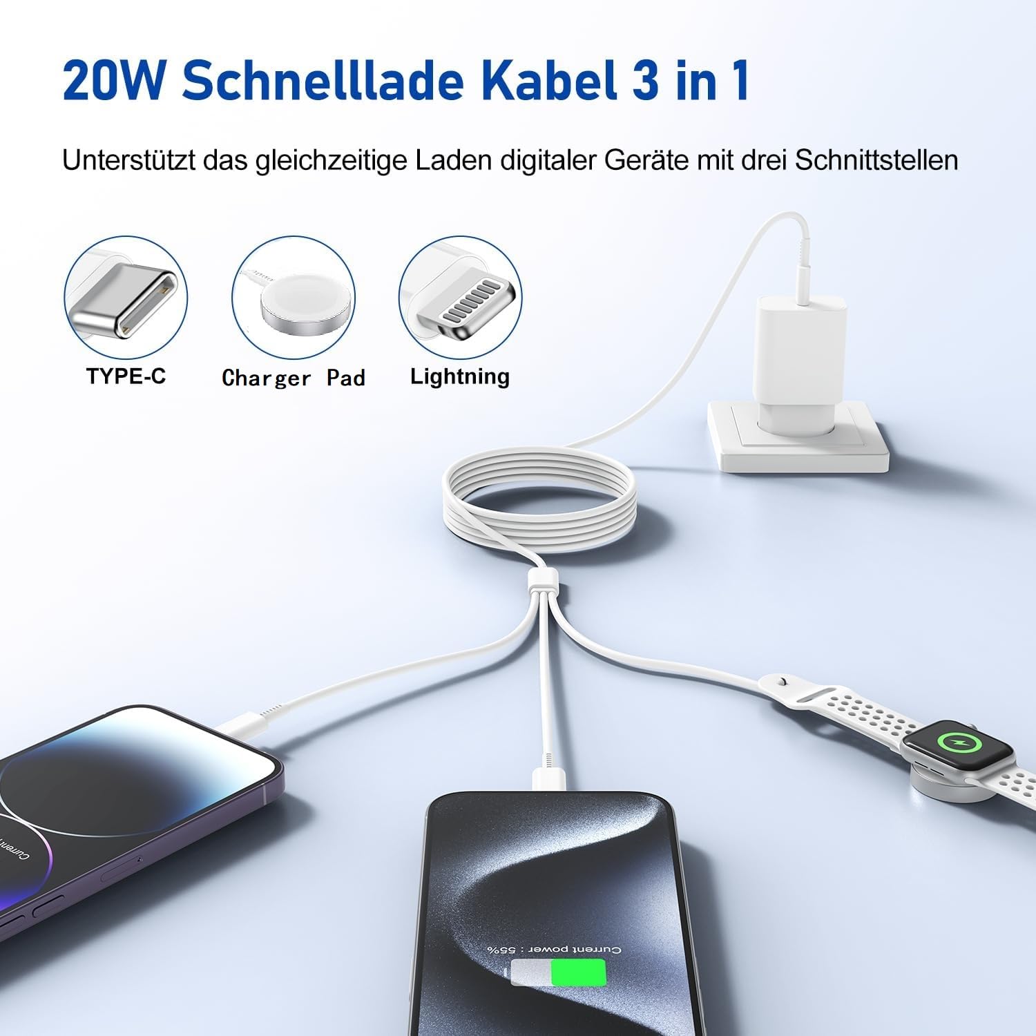 Jeenek: UNIVERSAL 3W1 Kabel Ładowarka Apple Watch iPhone USB C 2M — miniatura 2