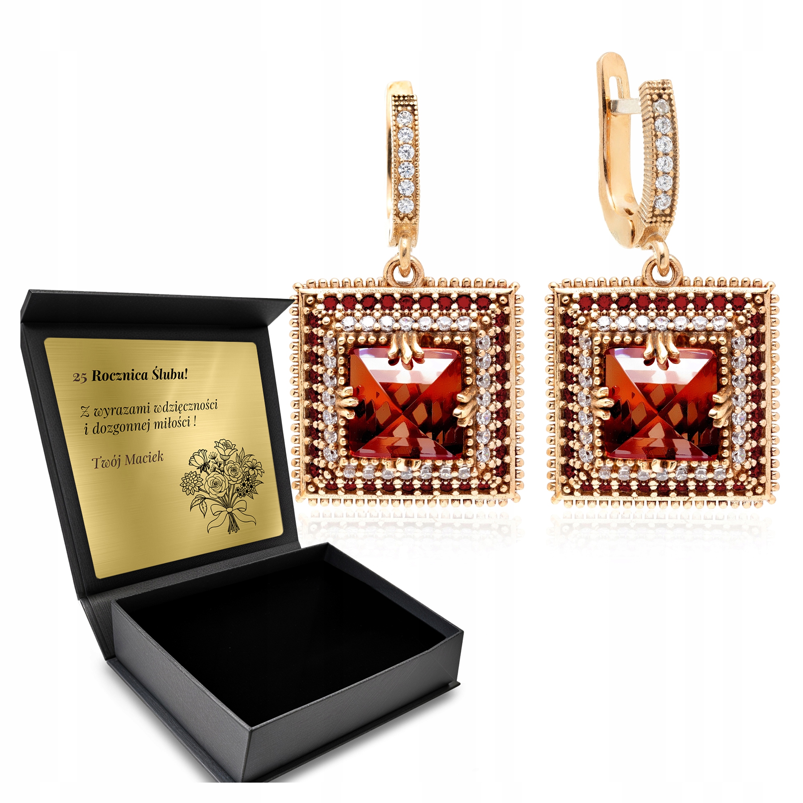Stříbrné Náušnice 925 Zirkony Granátové Dárek pro ženu Gravírování Bonus