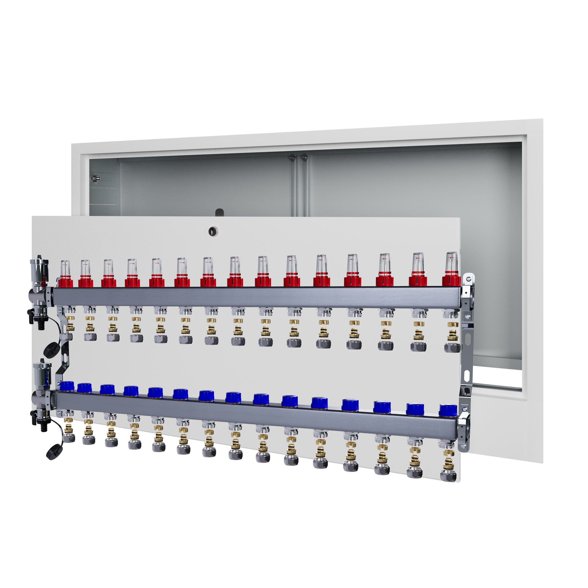 Rozdělovač pro podlahové vytápění 15 nerezový+PEX+podomítková skříňka