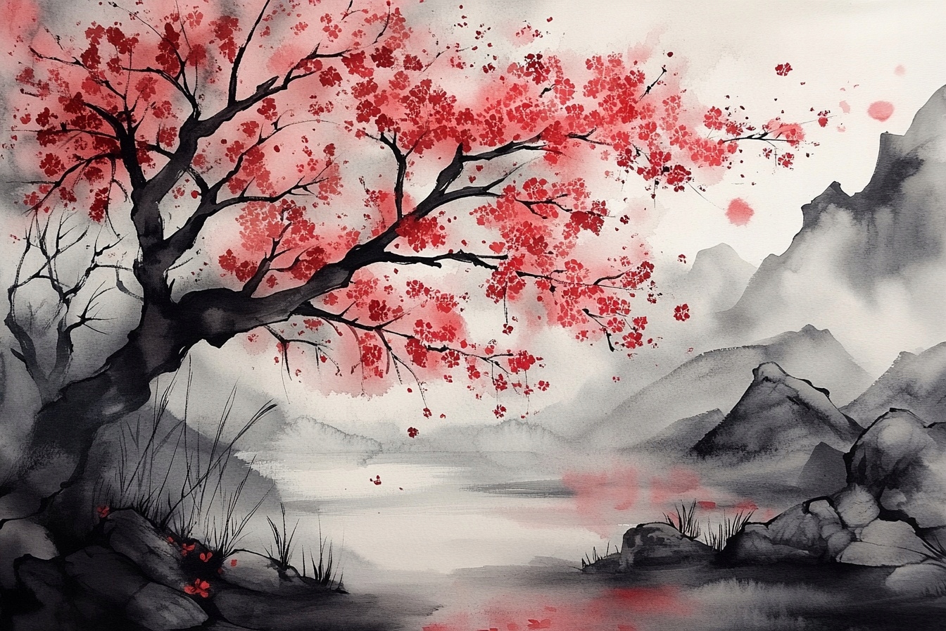 Obraz Na Plátně Canvas Asie Hory Jezero Dřevo Višeň Sakura Zen 120x80