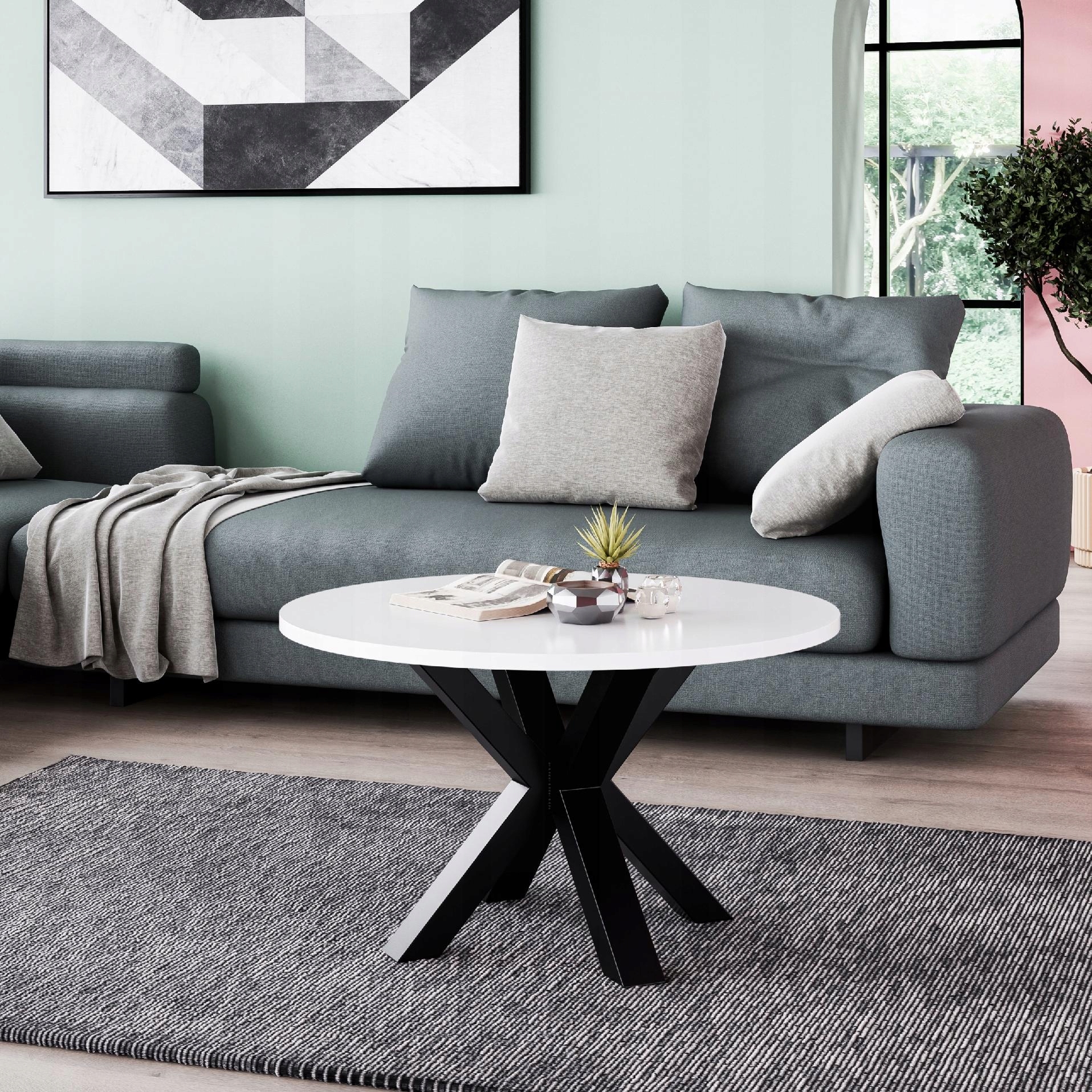 Stolek Bílý glamour, konferenční stolek bílý kulatý 90 černý do obývacího pokoje. Loft