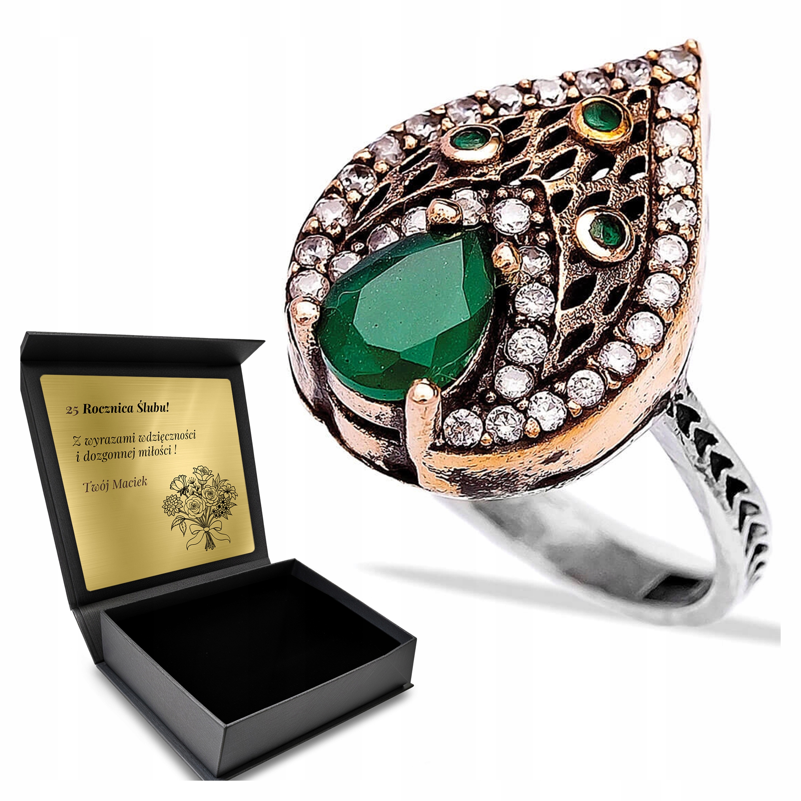 Prstýnek 925 Zirkony Smaragd Šperky Pro Ženy Gravírování