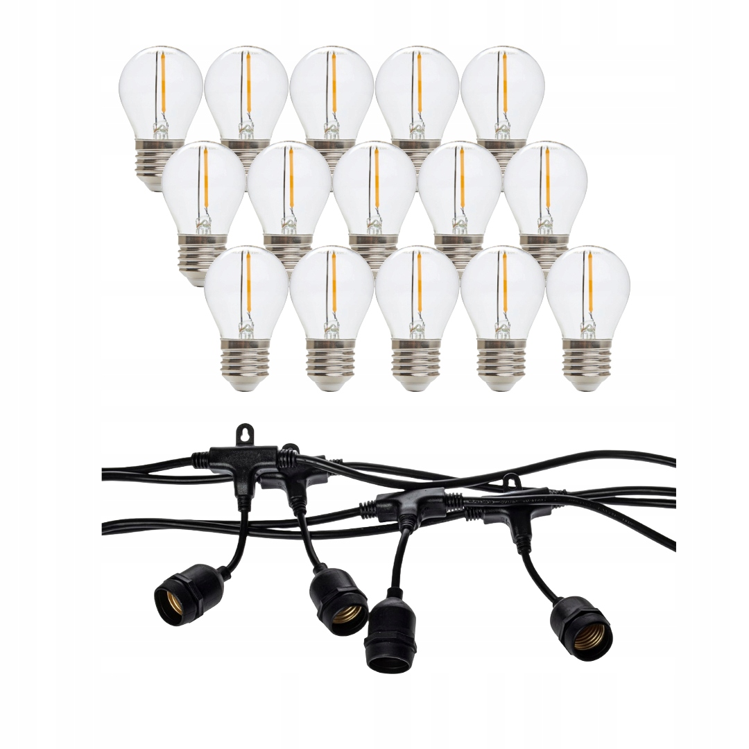 Lampki ogrodowe led 15m 15x e27 1,3W 2700k IP44 girlanda do altany balkon