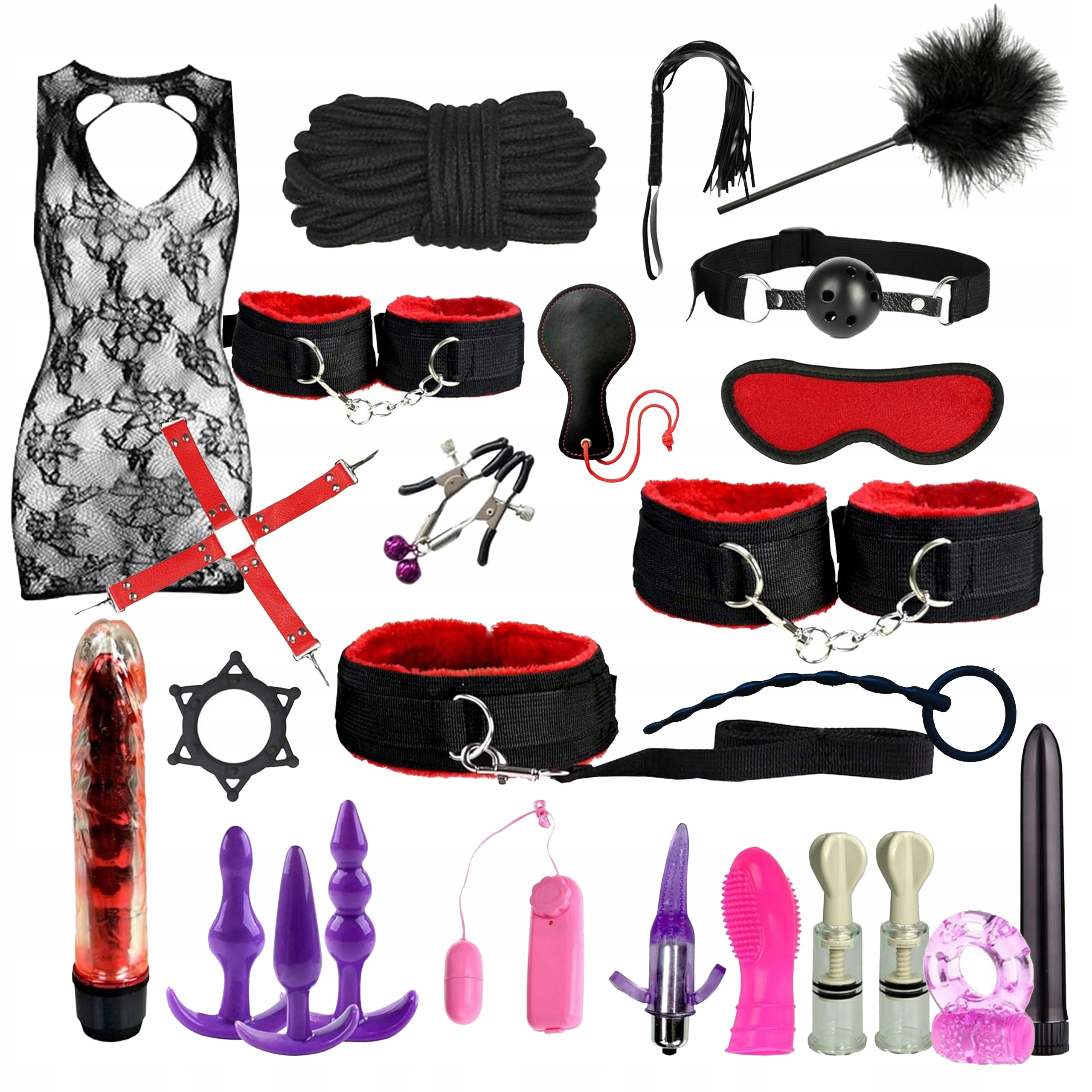 ZESTAW BDSM WIBRATOR DILDO KORKI KAJDANKI PEJCZ OBROŻA KNEBEL OPASKA KLAMRY