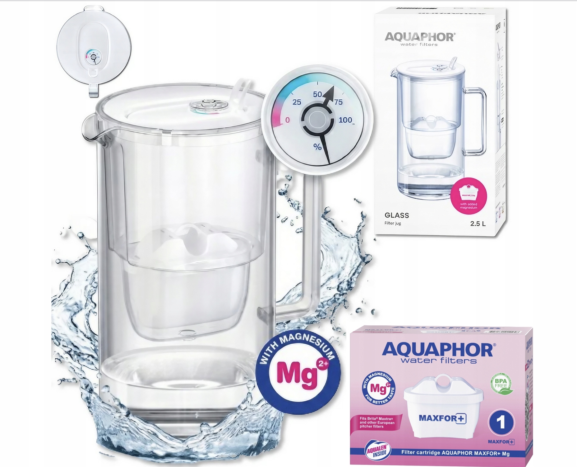 Dzbanek filtrujący szklany Aquaphor Glass 2,5l z wkładem Maxfor+ Mg, Biały