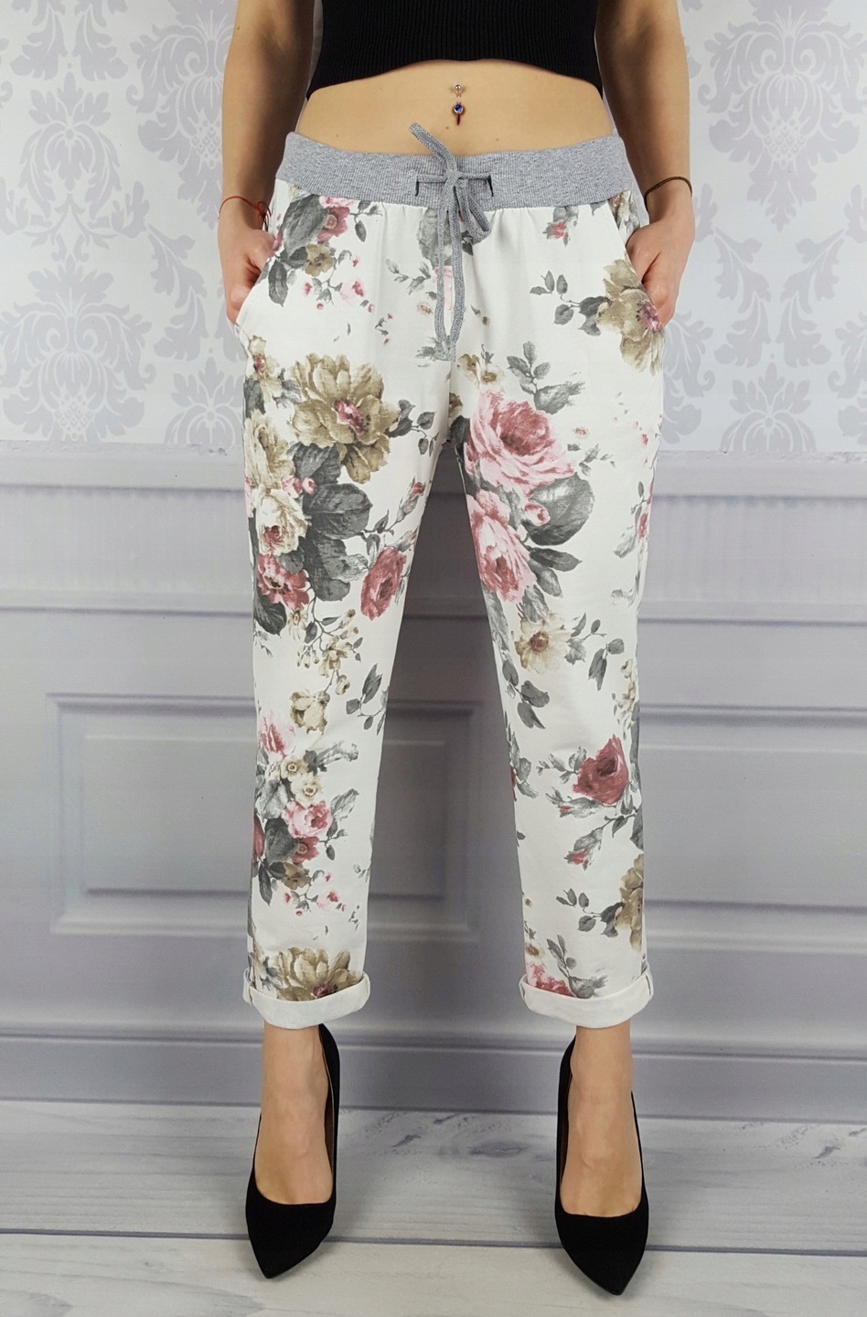 WYGODNE - SPODNIE - DRESOWE - KWIATY - BAWEŁNIANE Długość nogawki długa