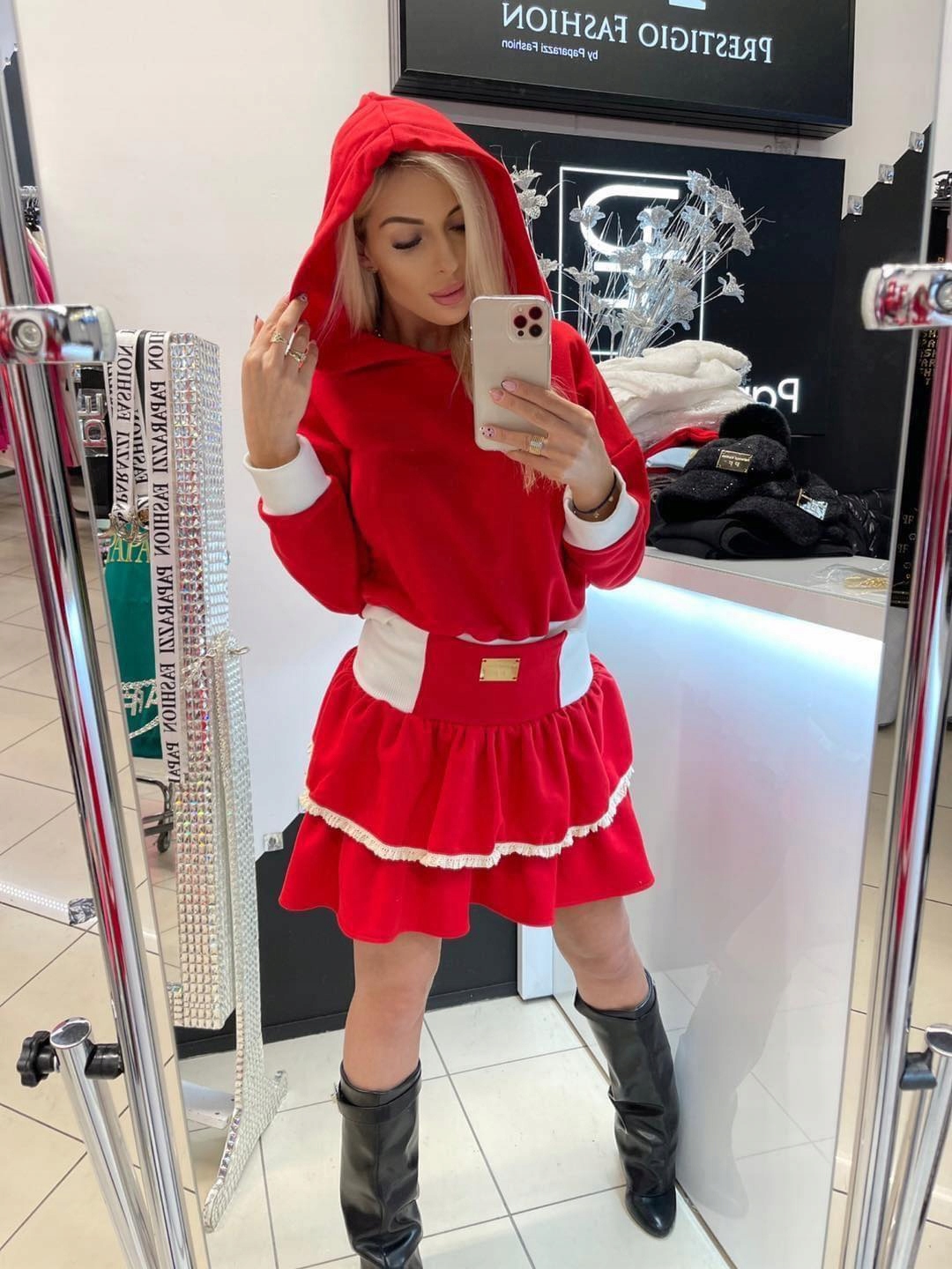 Červená sada Mikina a Sukně Paparazzi Fashion vel.