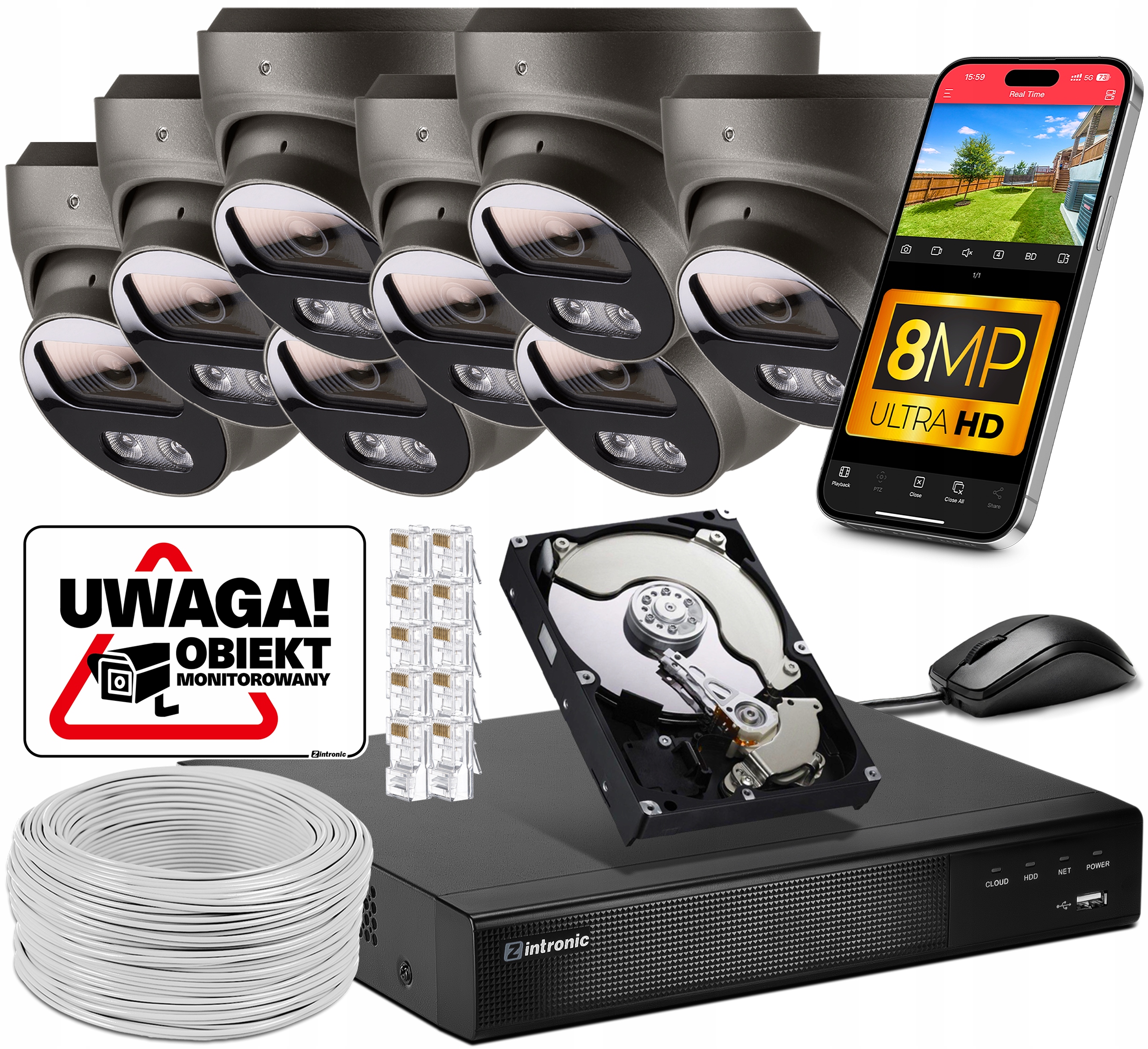 Sada Monitoring 8 kamer Poe 4K Ultra Hd 8Mpx Aplikace, Audio Záznam Šedá