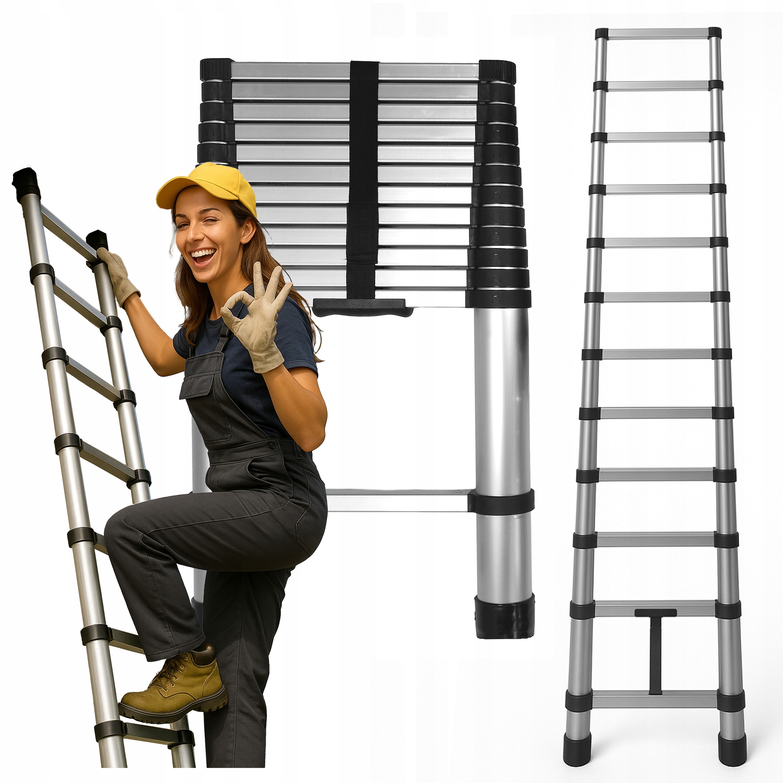 Žebřík teleskopický hliníkový skládací, příložný, 3,8 m, 13 stupňů, 150 kg