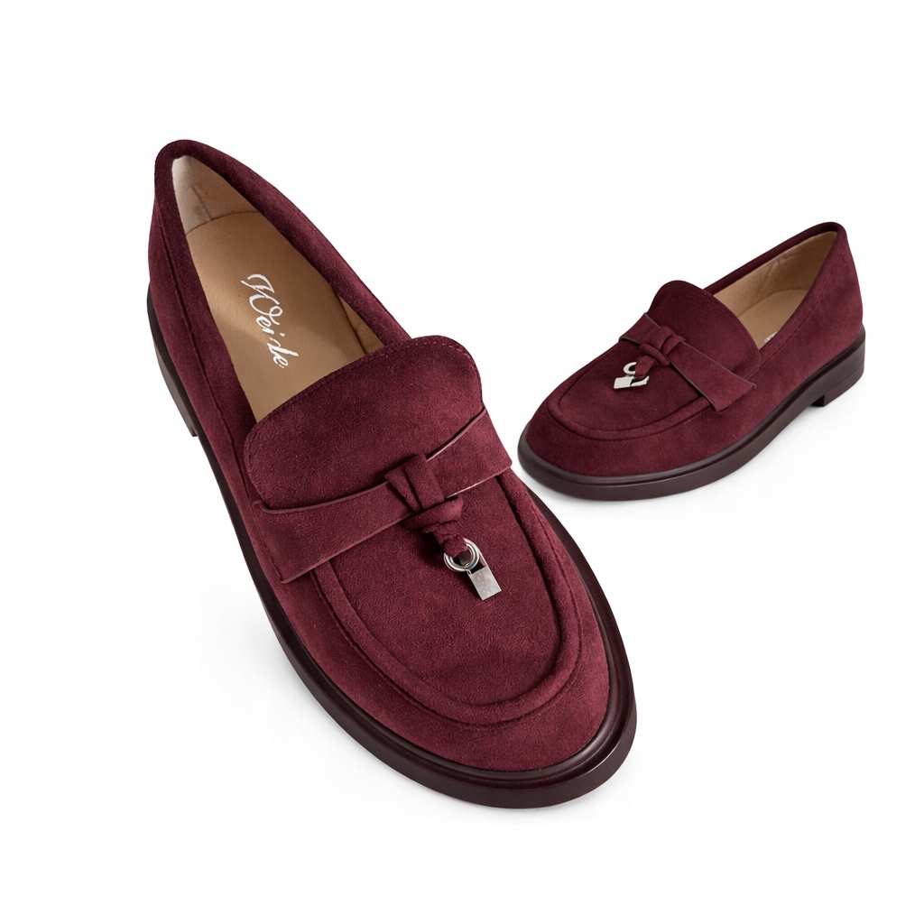 Mokasyny damskie na grubszej podeszwie miękkie bordowe z ozdobą 38
