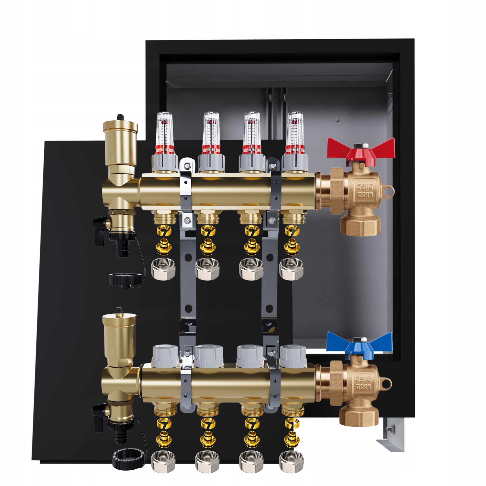 Rozdělovač podlahy mosazný 4 Podomítková skříňka černá ventily Pex