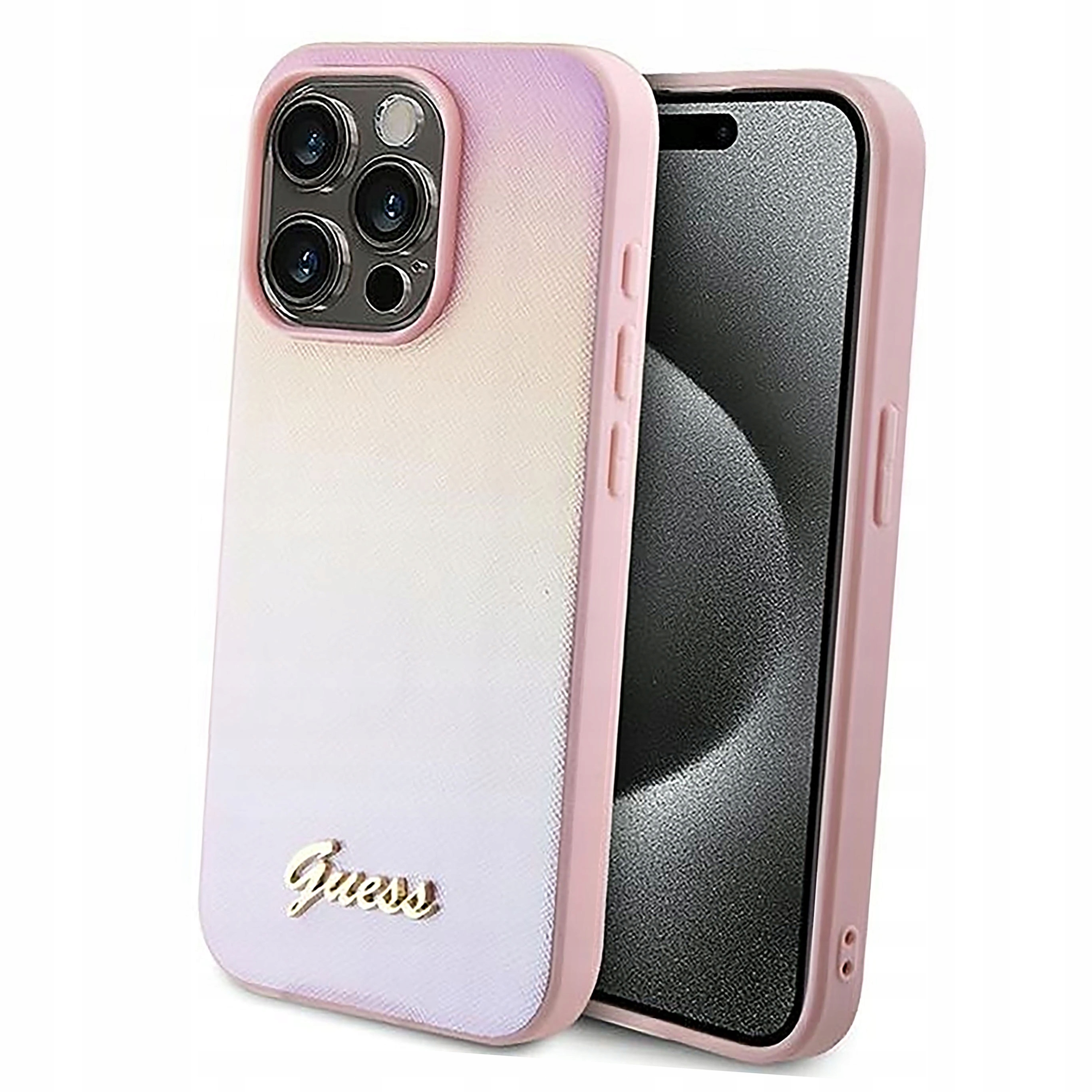 Plecki Etui Guess Saffiano Iridescent Script do iPhone 15 Pro różowe