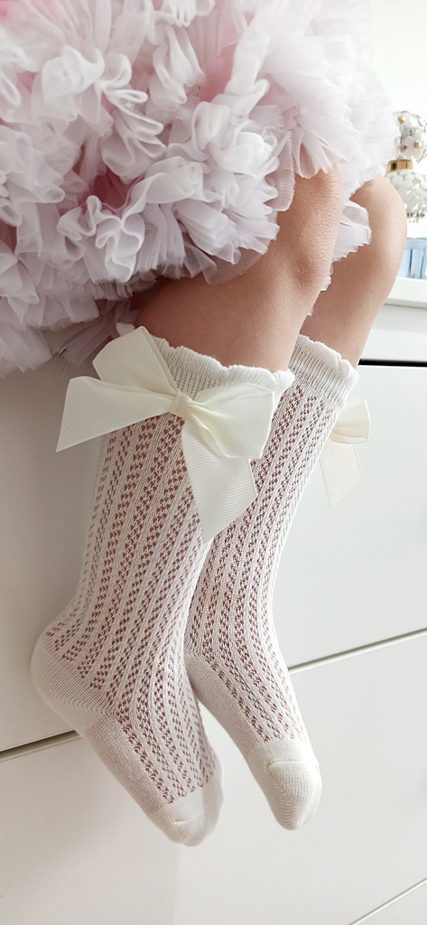 AŻUROWE podkolanówki skarpetki niemowlęce KREMOWE na Chrzest 68-74-80 4-12m