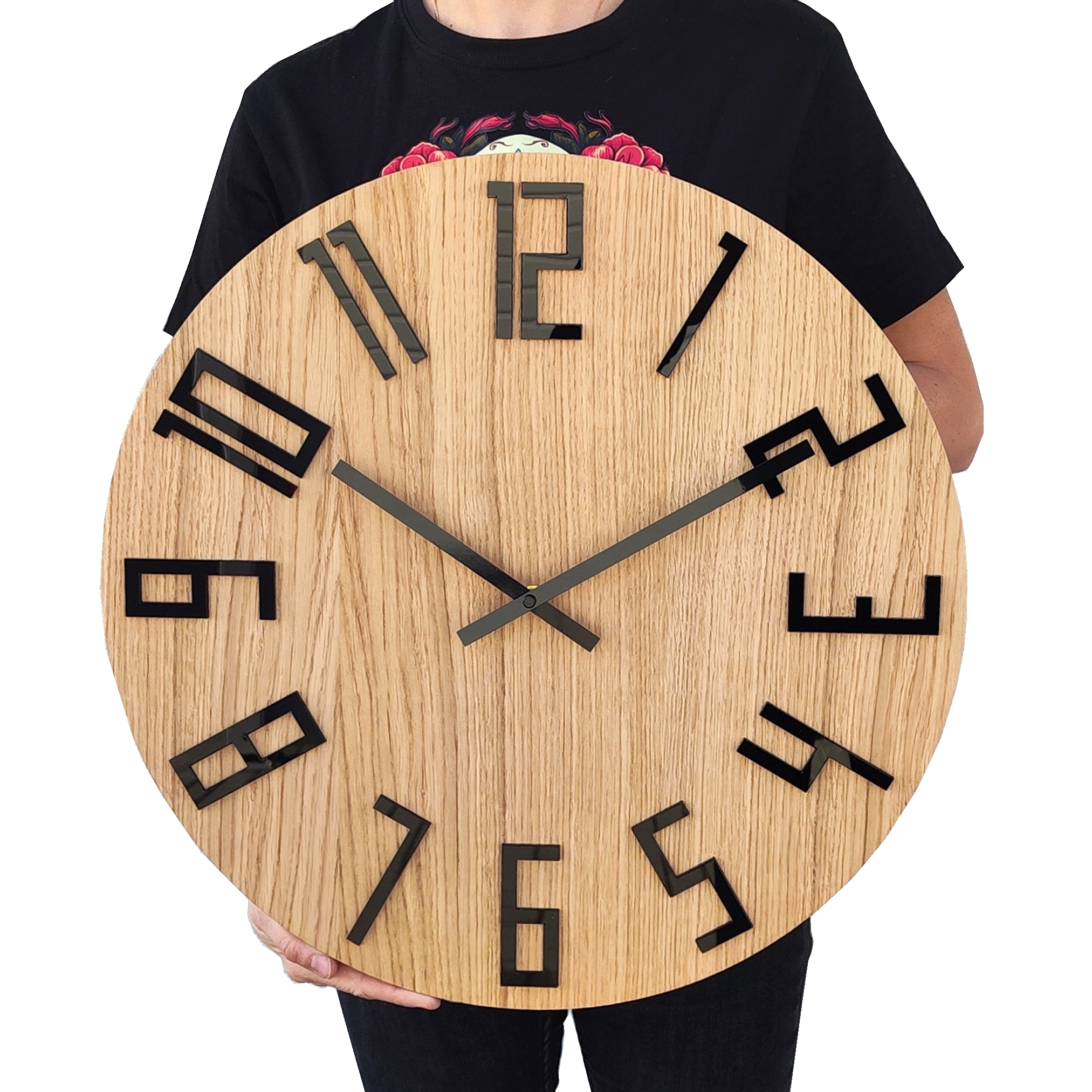 Nástenný drevený hodinový strojček Slim Čierny 49 cm tichý do obývacej izby kancelárie