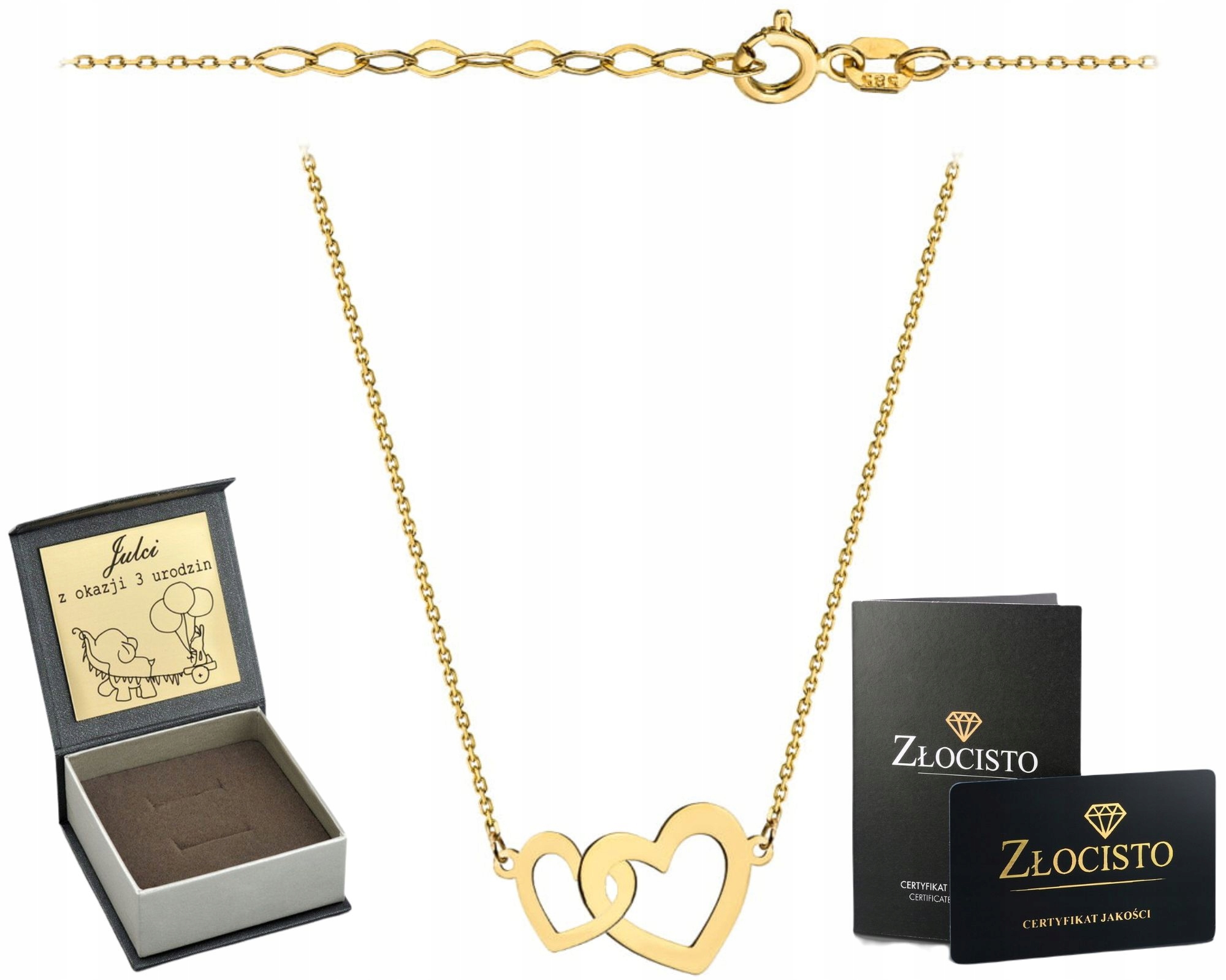 Zlatý Náhrdelník Celebritka Dvě Proplétaná Srdce Ryzost 585 14K Dárek Gravírování