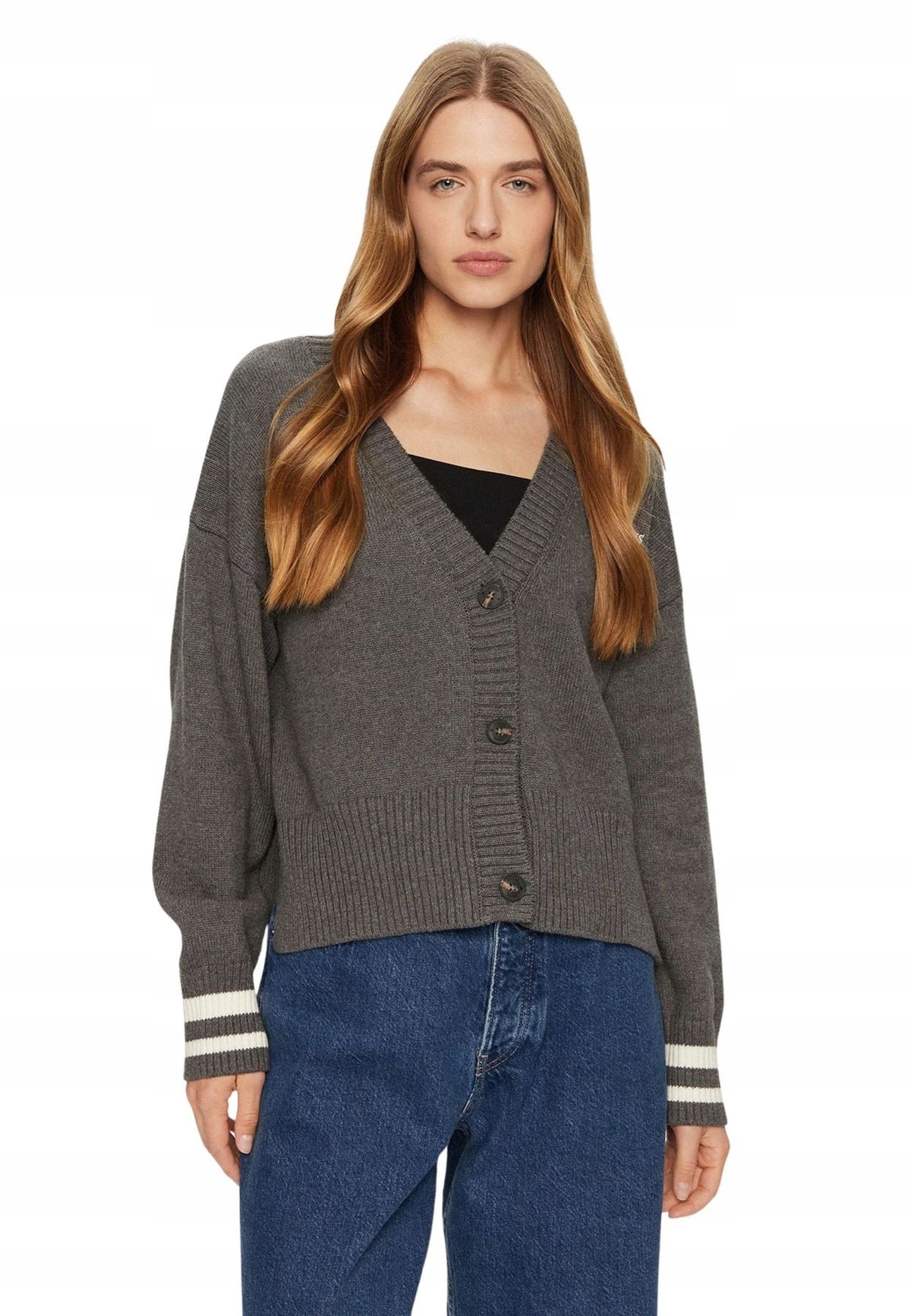 Guess Jeans Šedý Svetr S Bílými Pruhy Na Rukávech Bavlna