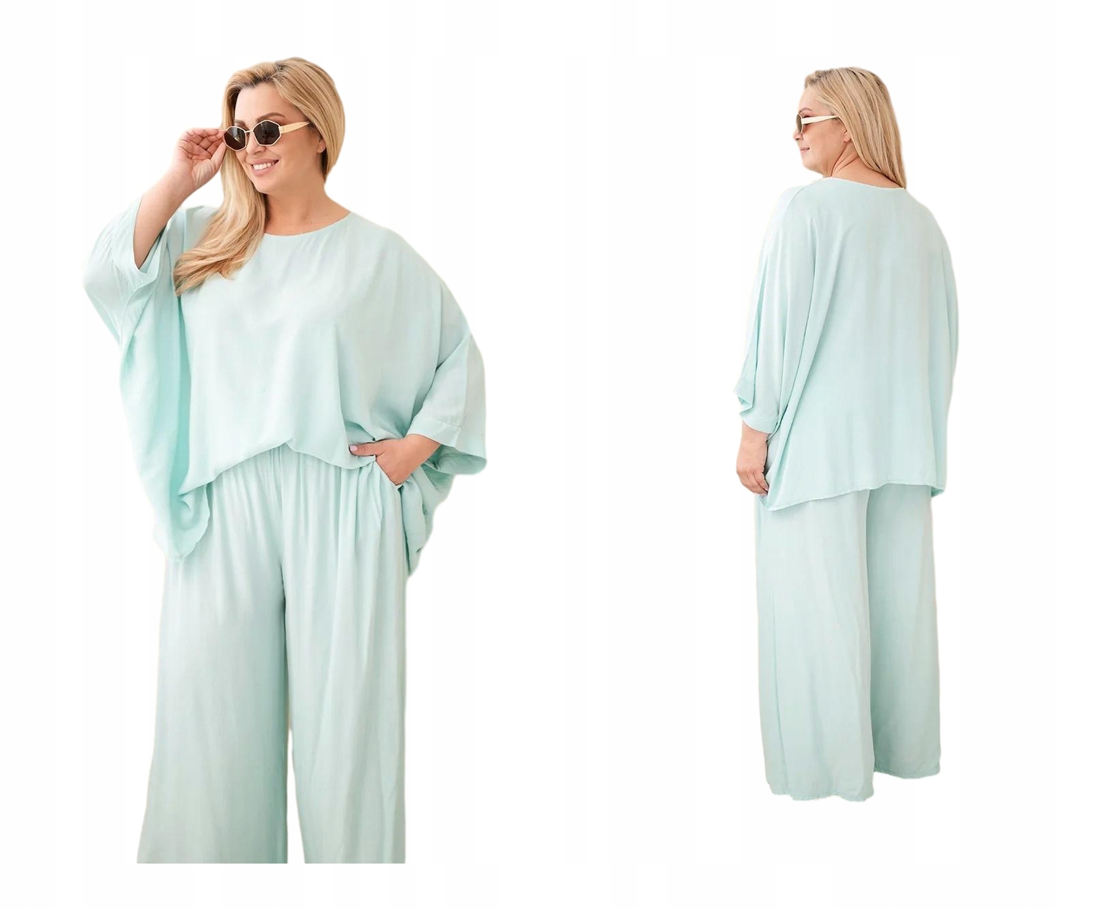 Mátový dámský komplet Plus Size z viskózy s širokými kalhotami