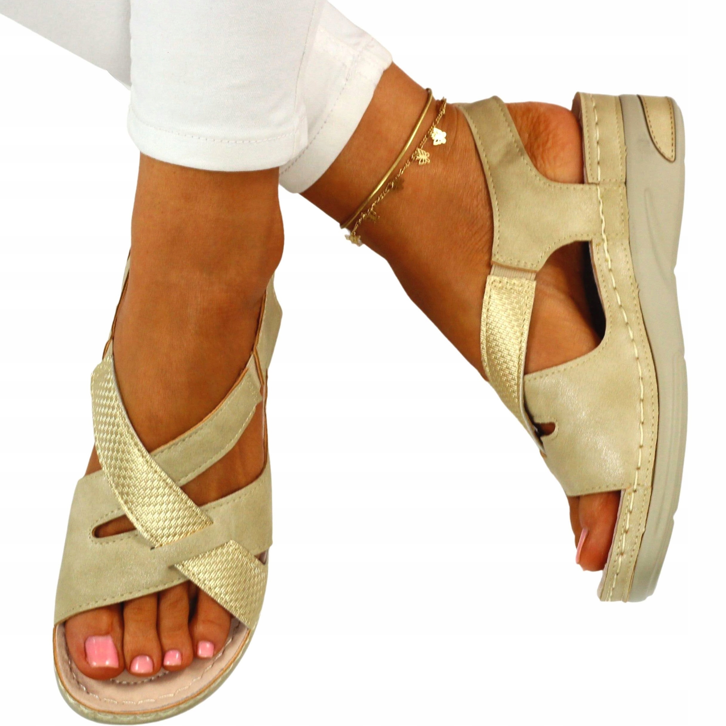 SANDAŁY DAMSKIE SKÓRA PROFILOWANE SZYTE NA RZEPY Materiał zewnętrzny inny