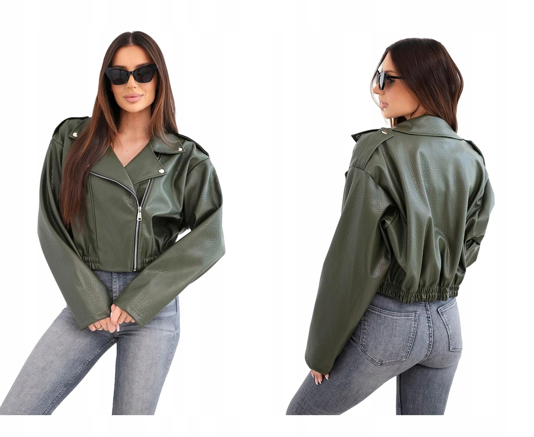 Dámská krátká ramoneská bunda z ekokůže na zip, přechodová, khaki