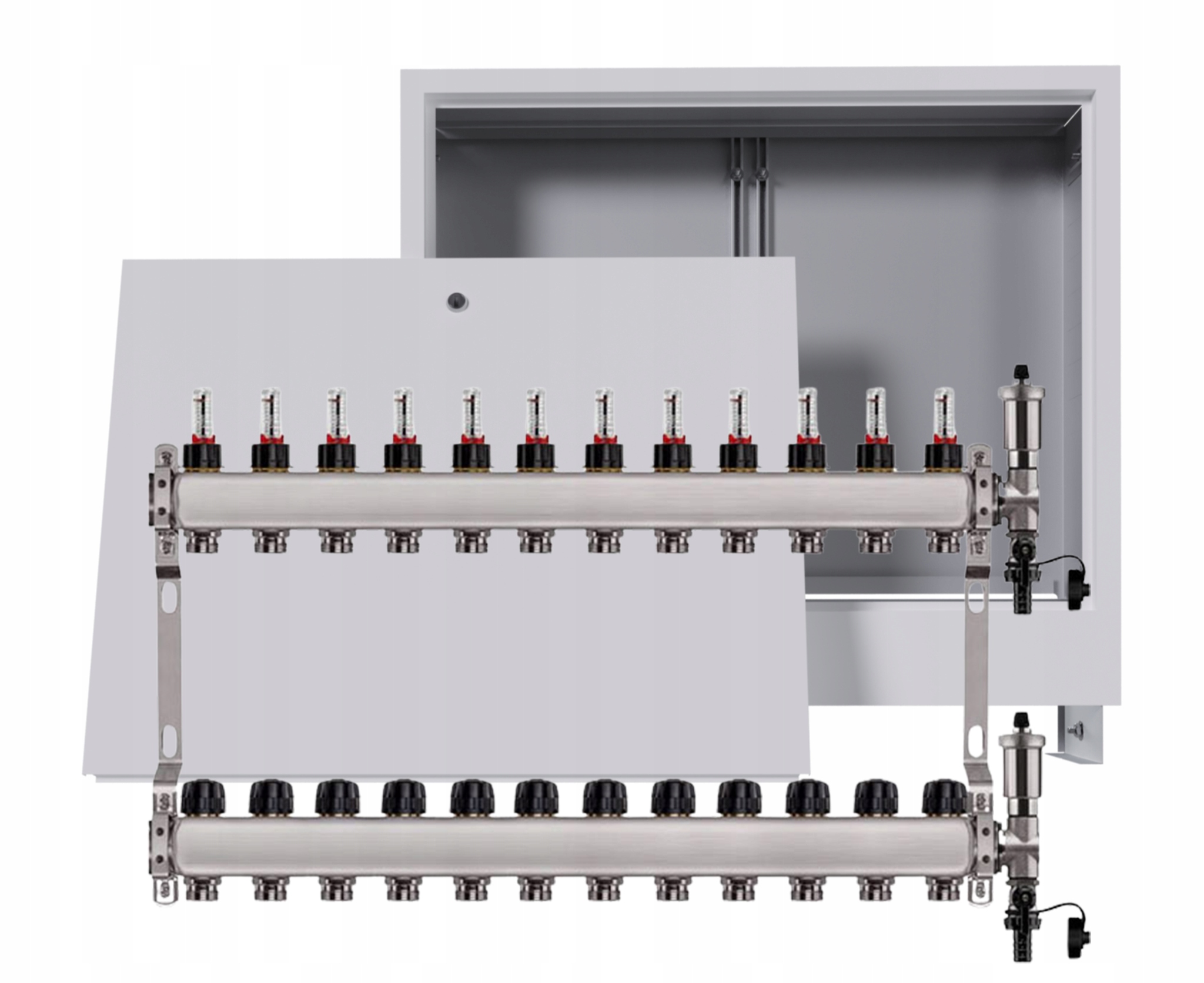 Nerezový rozdělovač pro podlahovku 12 okruhů s podomítkovou schránkou, bílý