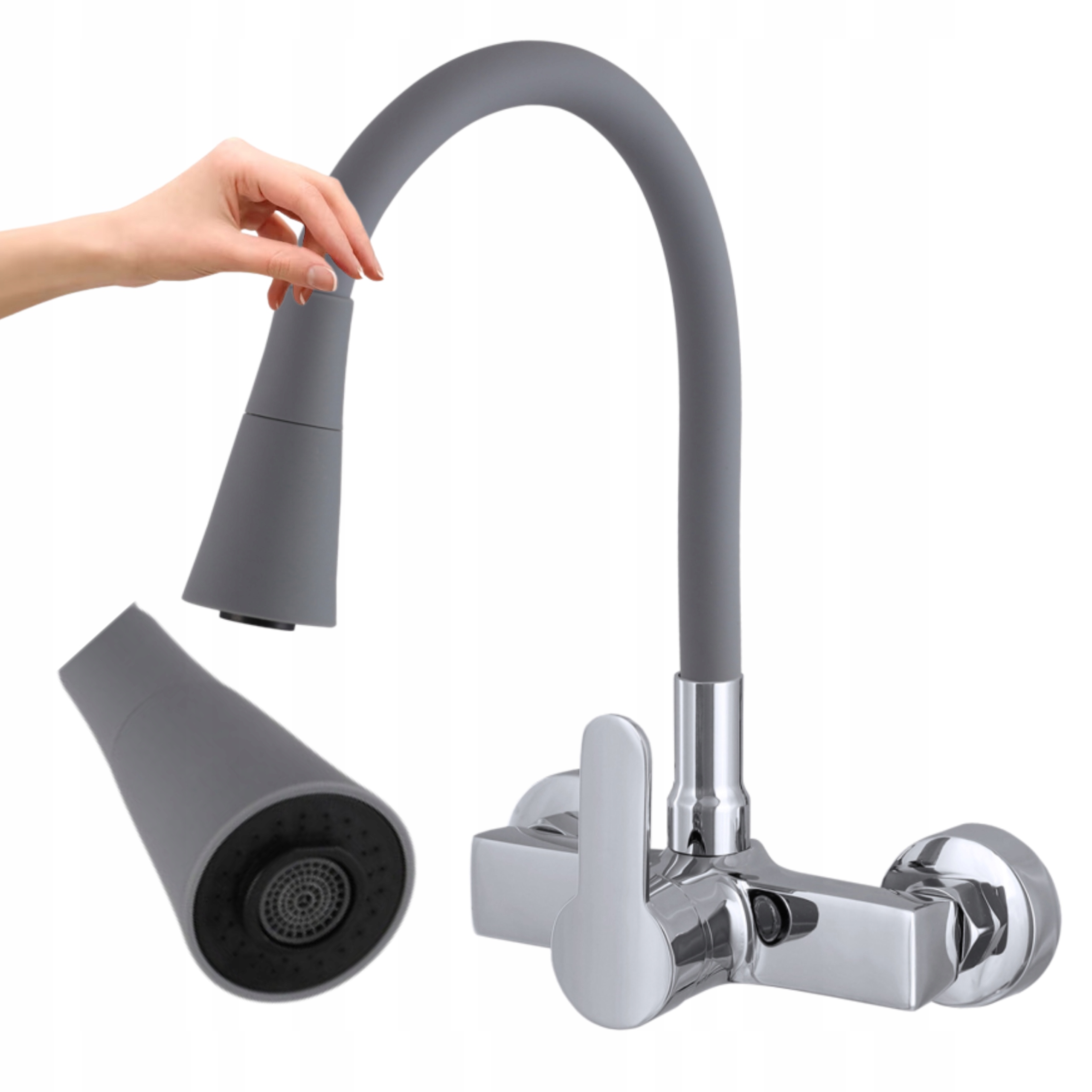 Bateria Kuchenna Ścienna Flex Plus Szara Elastyczna Wylewka Kran Kuchenny