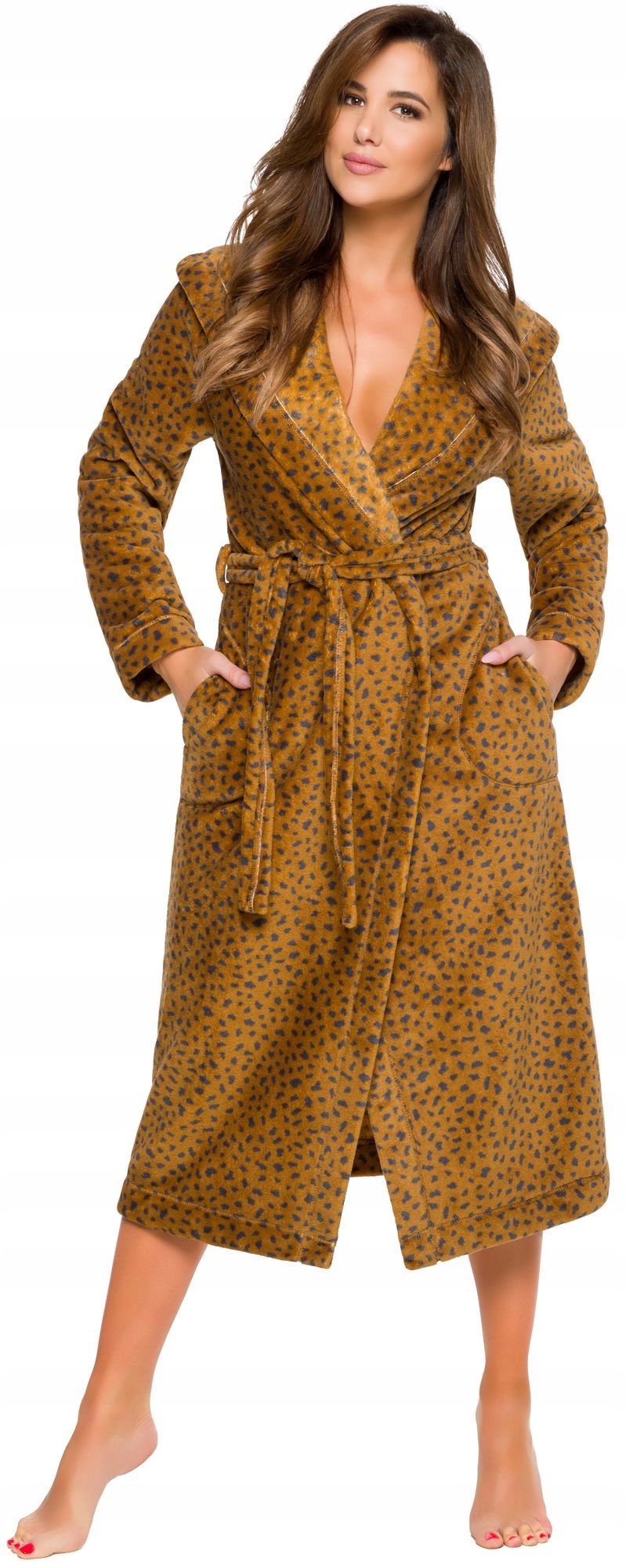 DŁUGI CIEPŁY PUCHOWY DAMSKI SZLAFROK PODOMKA L Rękaw długi rękaw