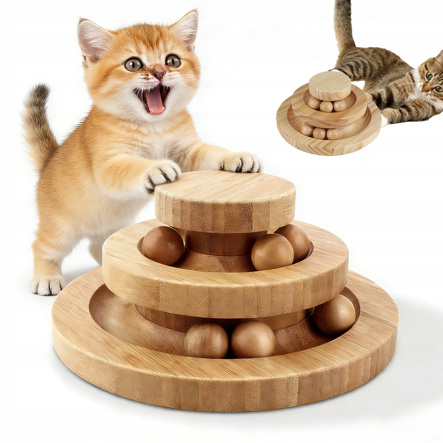 Levně Interaktivní Hračka Pro Kočky Dřevěný Dvouúrovňový Kolotoč Hračka Dráha