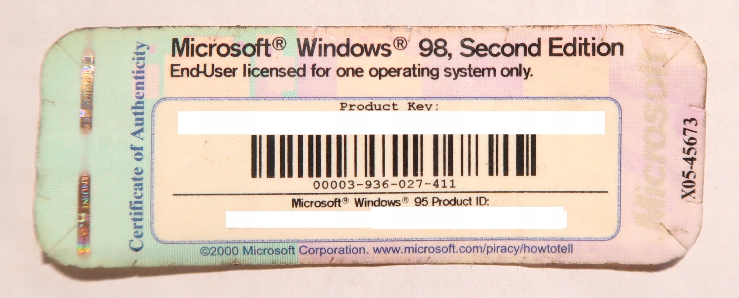 Наклейка Windows 98 Second Edition ключ