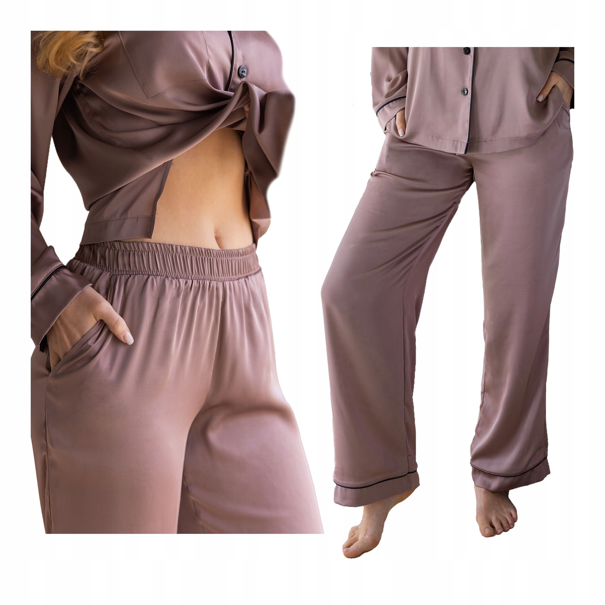 Dámské pyžamové kalhoty na gumičce na spaní s hladkým saténem Kleo S