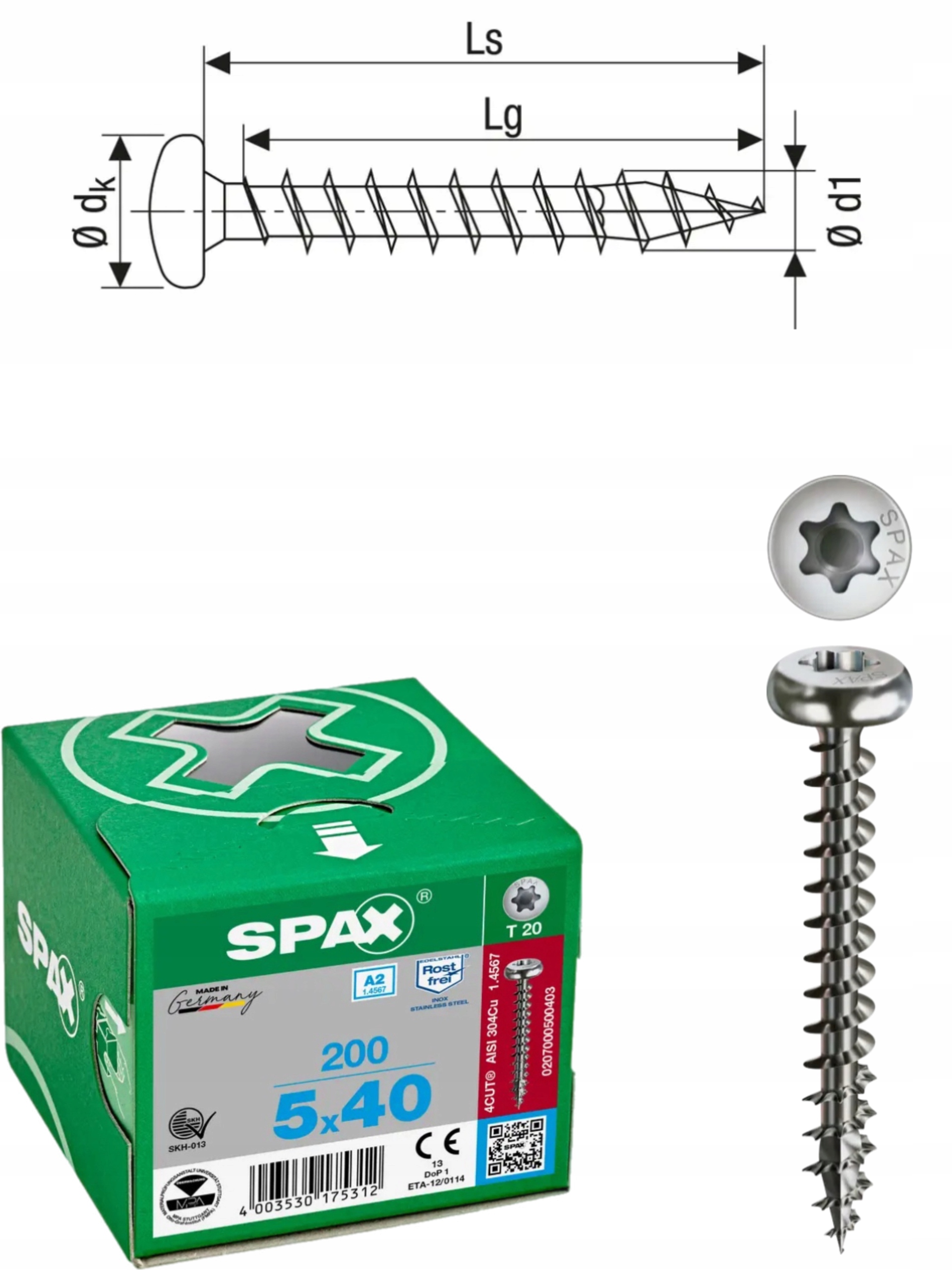 Univerzální vrut do dřeva z nerezové ocel A2 spax 5 x 40 Hb Tx 200 ks