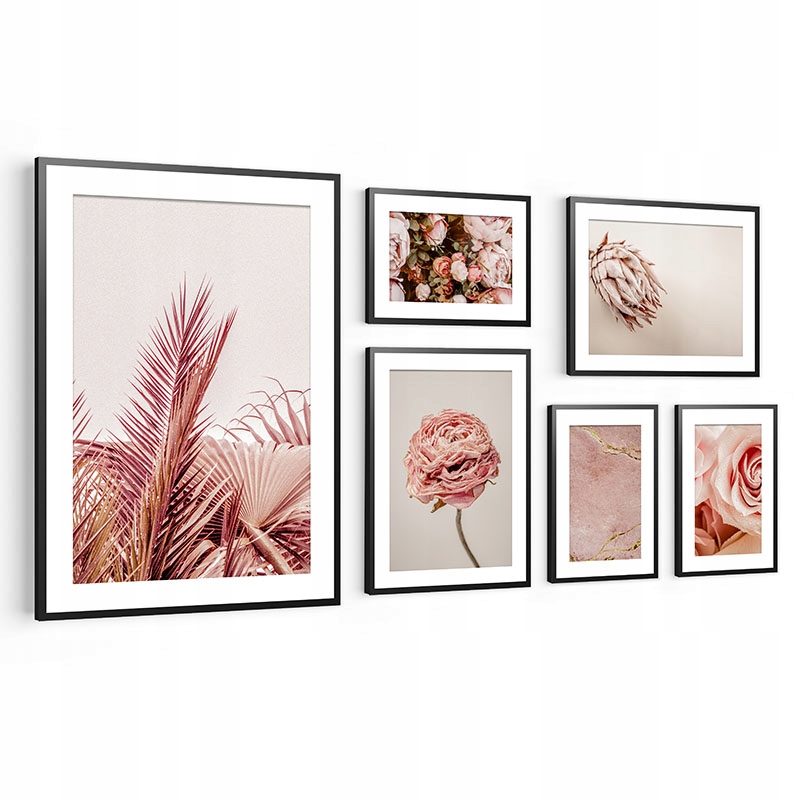 Komplet obrazov Sada 6ks Plagáty v ráme Ružová do obývačky