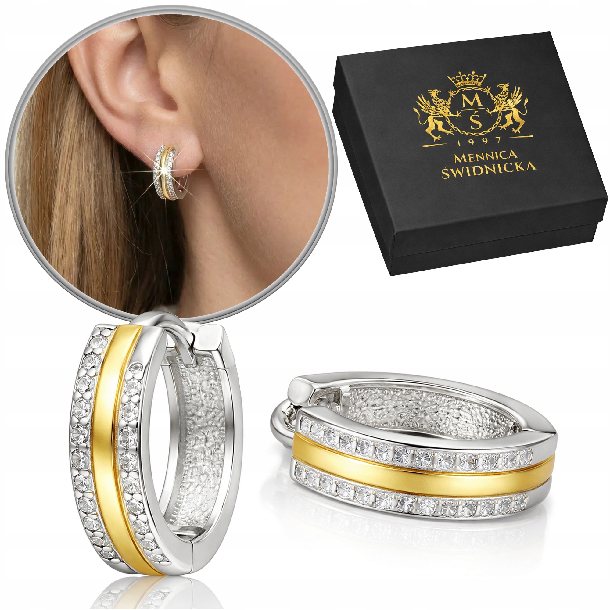 Srebrne 925 Kolczyki Koła z Cyrkoniami Srebro 925 Dwukolorowe Pozłacane