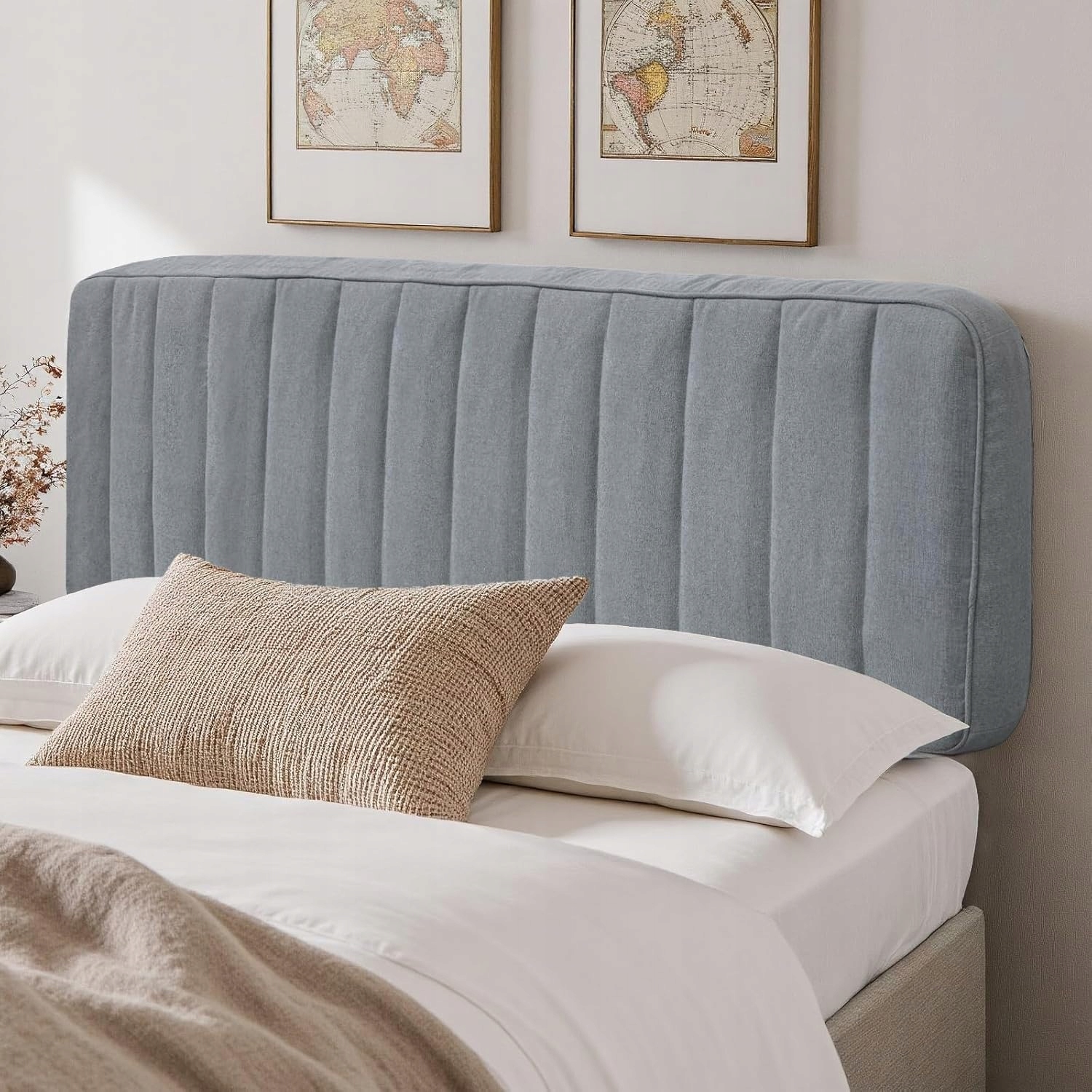 Čalúnené panely, opierka hlavy z ľanu a odnímateľný poťah, 100 x 60 cm, sivá farba