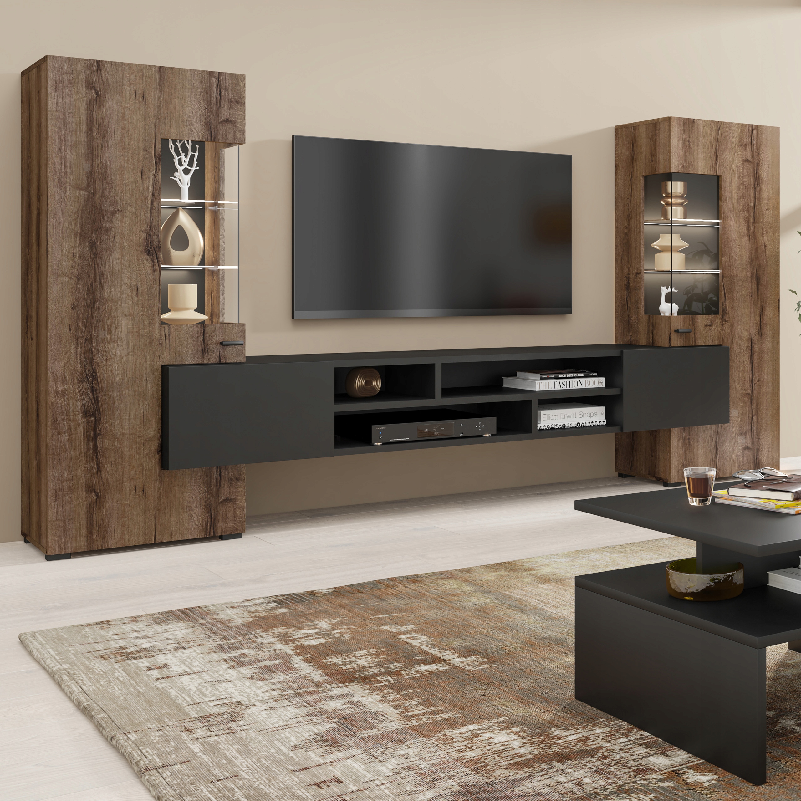 Nábytková Stěna Corrado Černá/Dub Modný Sada nábytku do obývacího pokoje