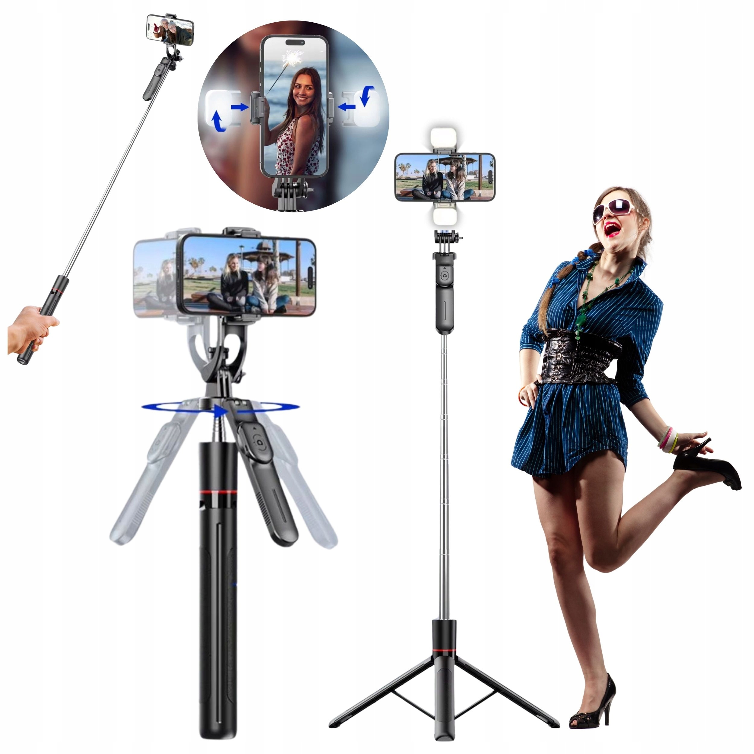 Selfie Tyč Stativ Pro Telefon S Dálkovým OVLÁDÁNÍM-360° Tripod 170 CM 4v1 Lampičky